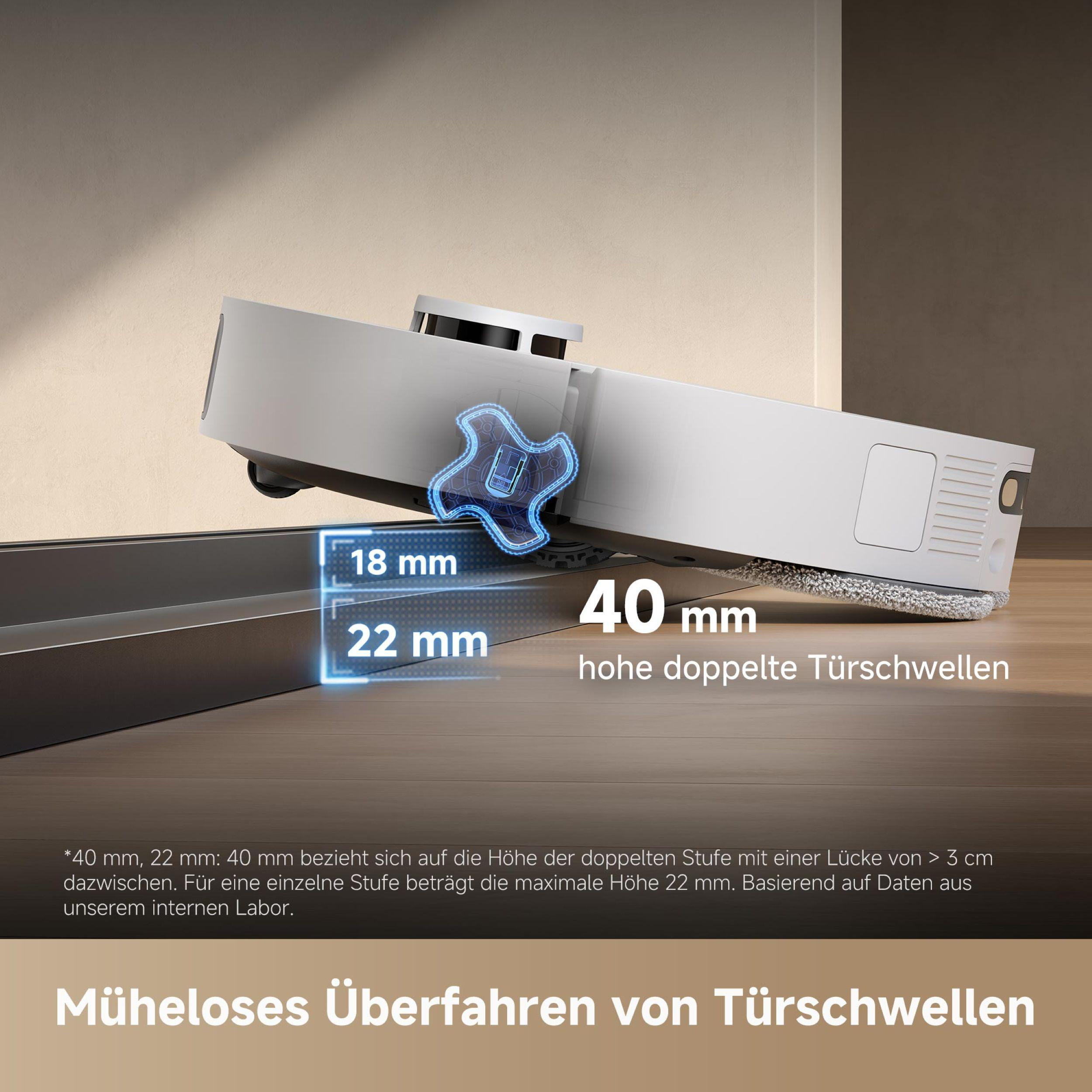 Roboter-Staubsauger überquert eine Schwelle. Text zeigt Höhenmessungen und sagt: Müheloses Überwinden von Schwellen.