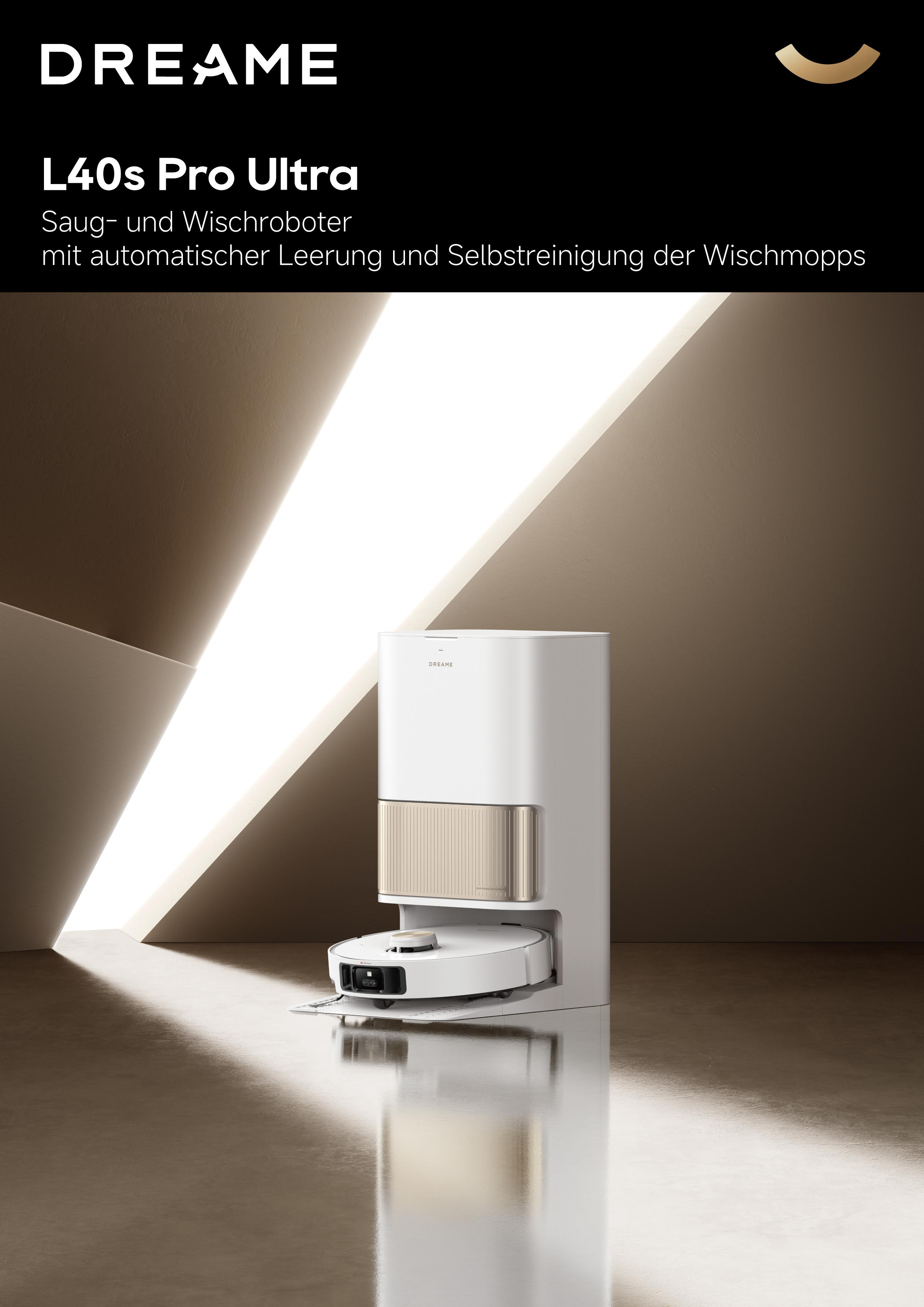 Weißer und goldener Roboter-Staubsauger mit Ladestation. Text: L40s Pro Ultra.