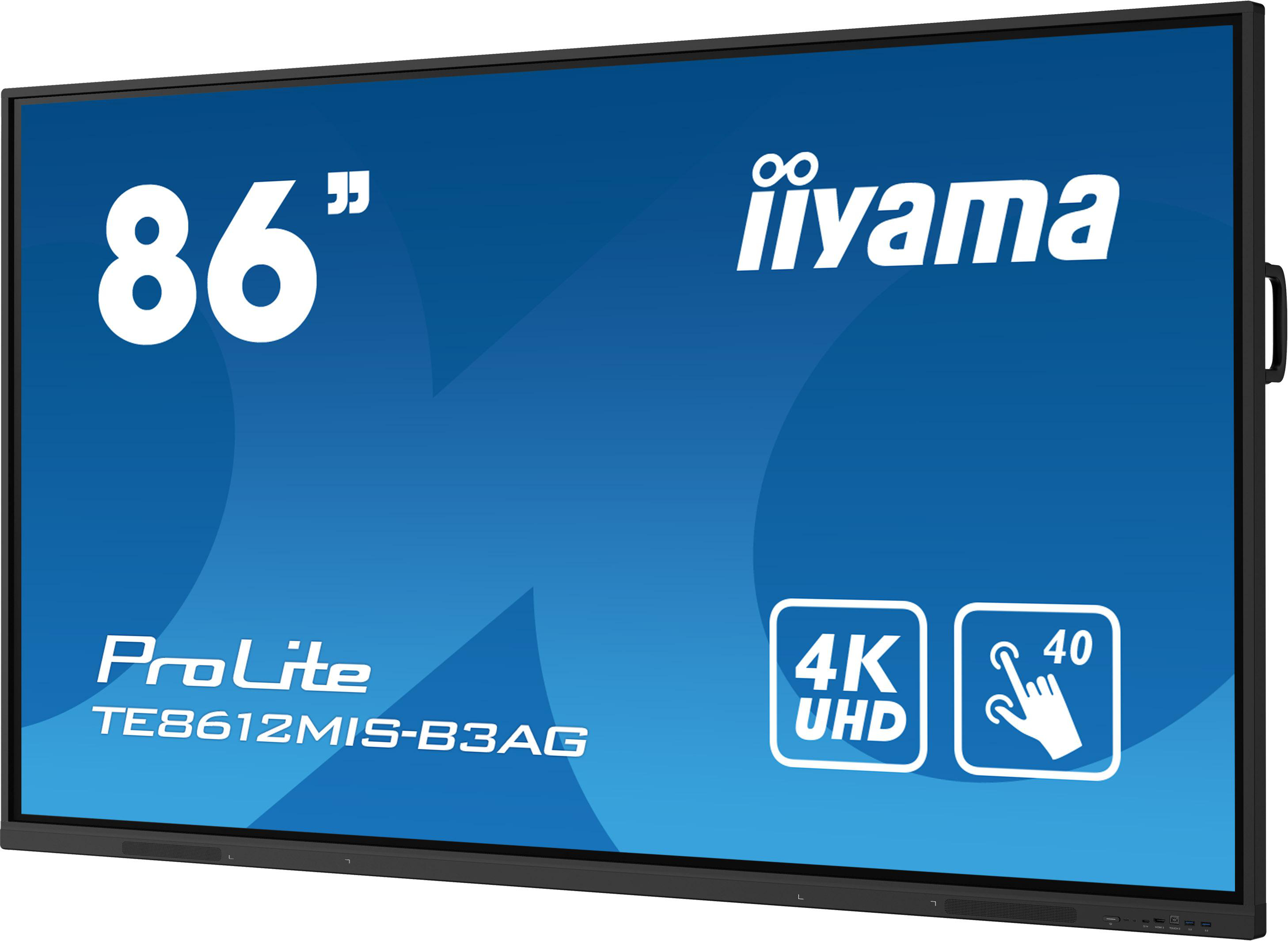 Großes interaktives Display mit 86-Zoll-Bildschirm. Text: 4K UHD, 40 Touchpoints.