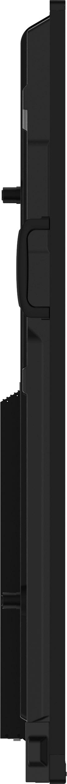 Schwarzes Objekt mit Griff. Es ist eine Seitenansicht, einfaches Design, dunkler Hintergrund.