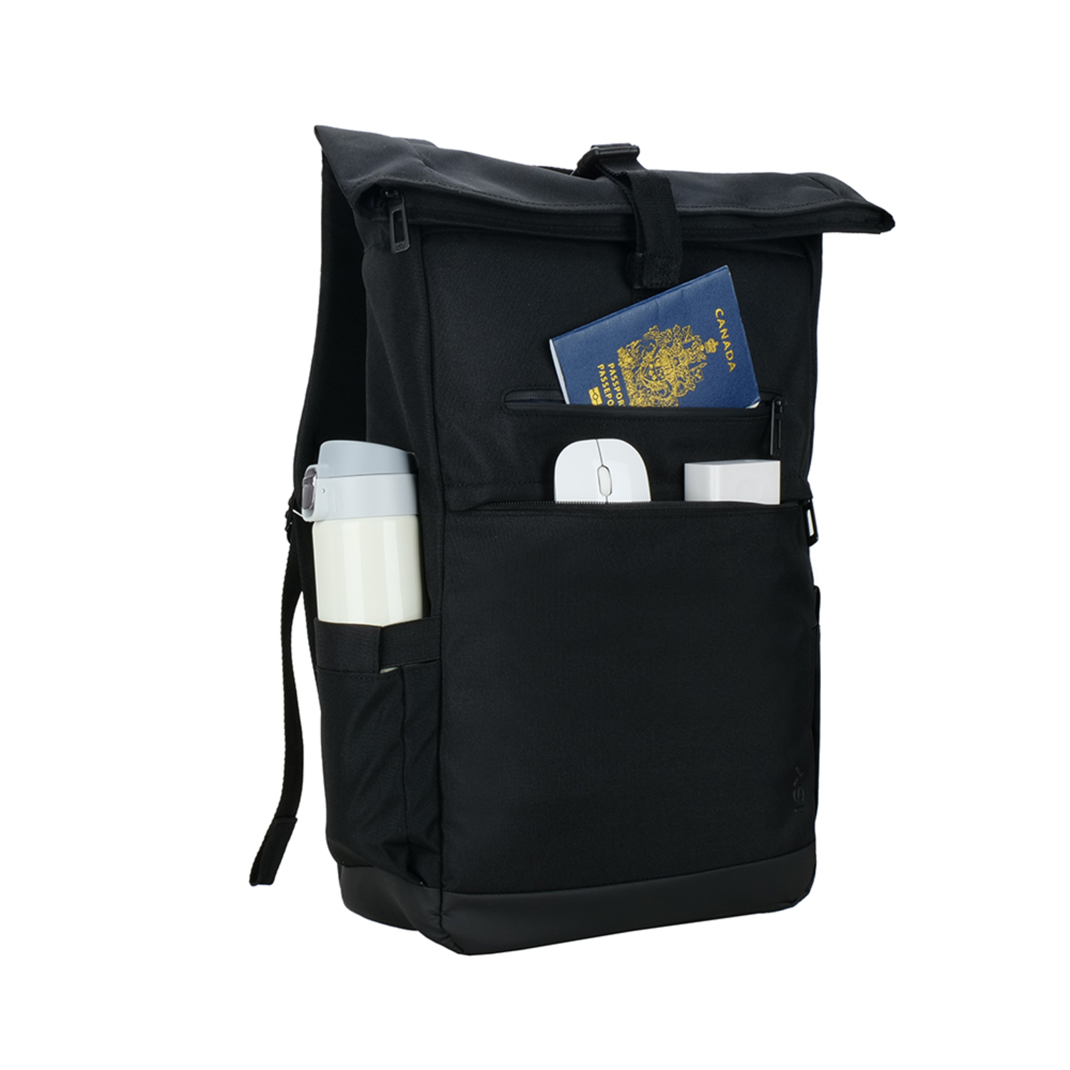 Black backpack with open front pocket showing a passport, mouse, and other items.