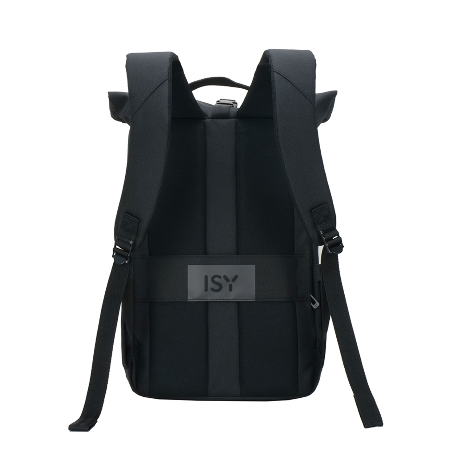 Black backpack with ISY logo on the back, straps, and a top handle.
