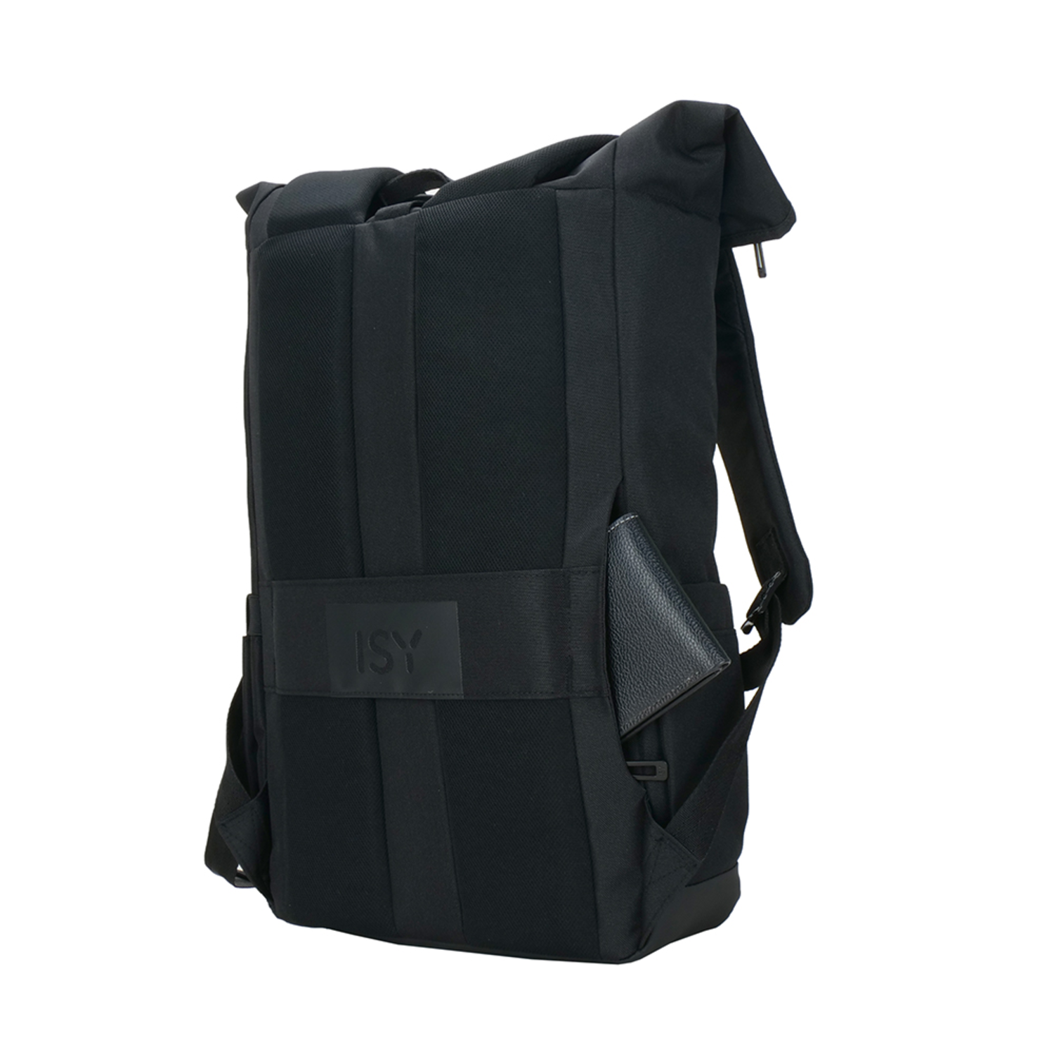 A black ISY backpack, with an open top, sits on a white background.
