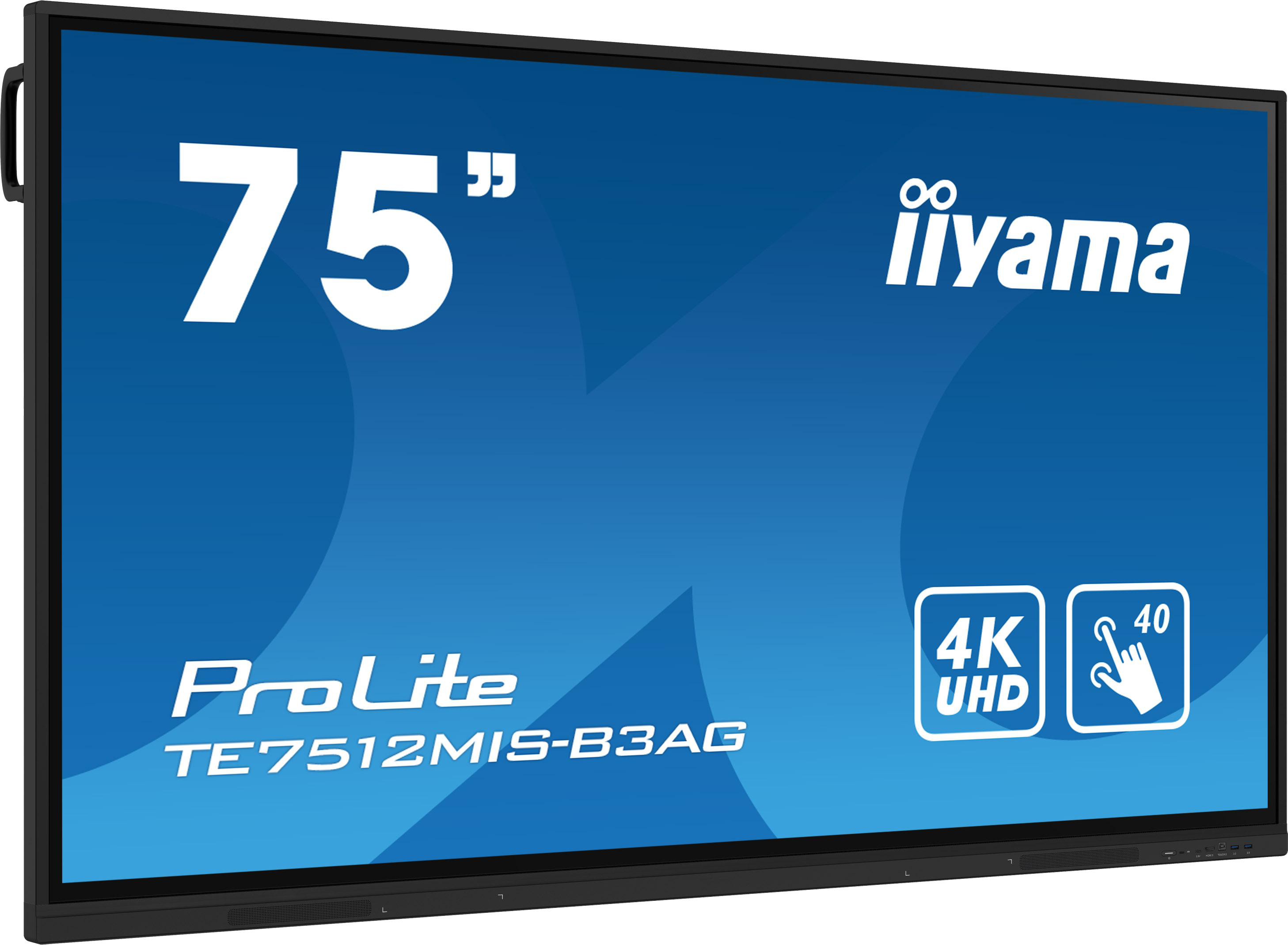 Ein 75-Zoll-Flachbildfernseher, Marke 'iiyama', Produktinformationen. Blauer Hintergrund.