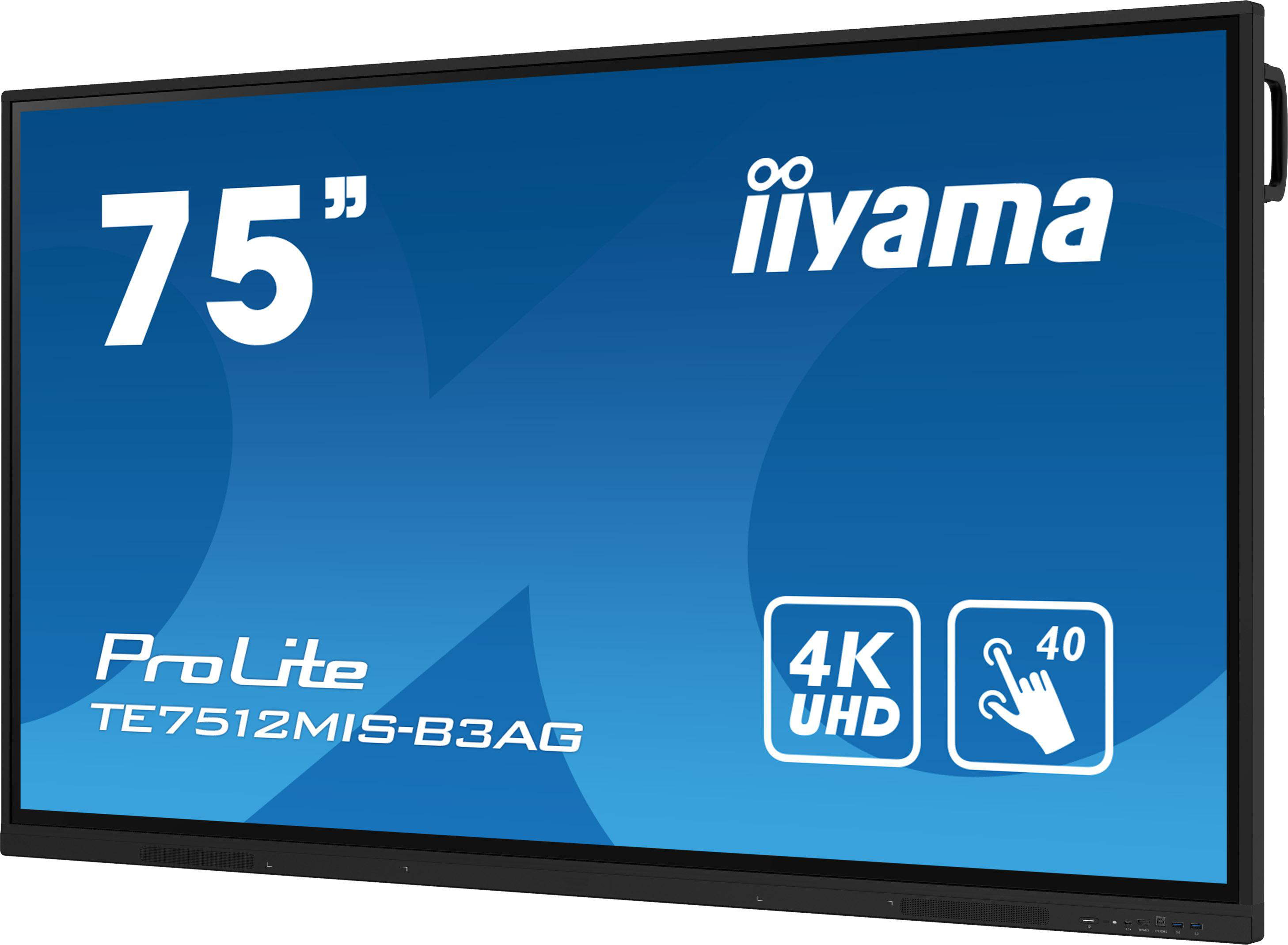 Großer schwarzer 75-Zoll-TV-Bildschirm mit der Marke Iiyama und 4K UHD, Touchscreen-Funktionen.