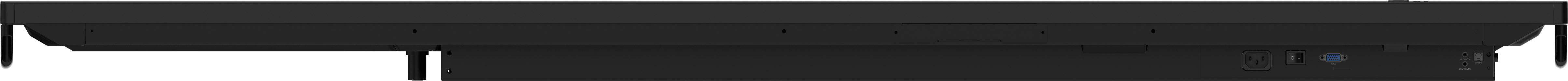 Schwarzes, rechteckiges Gerät, vermutlich eine Laptop-Basis, mit Anschlüssen und Etiketten.