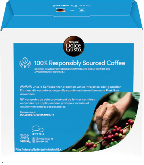 Une boîte avec du texte sur le café issu de sources responsables, une main cueillant des grains de café et un logo Nestlé.