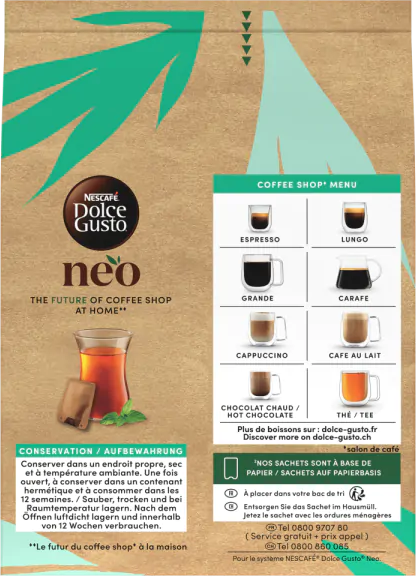 Un menu di caffetteria con illustrazioni di diverse bevande al caffè e testo sul marchio Nescafe Dolce Gusto.