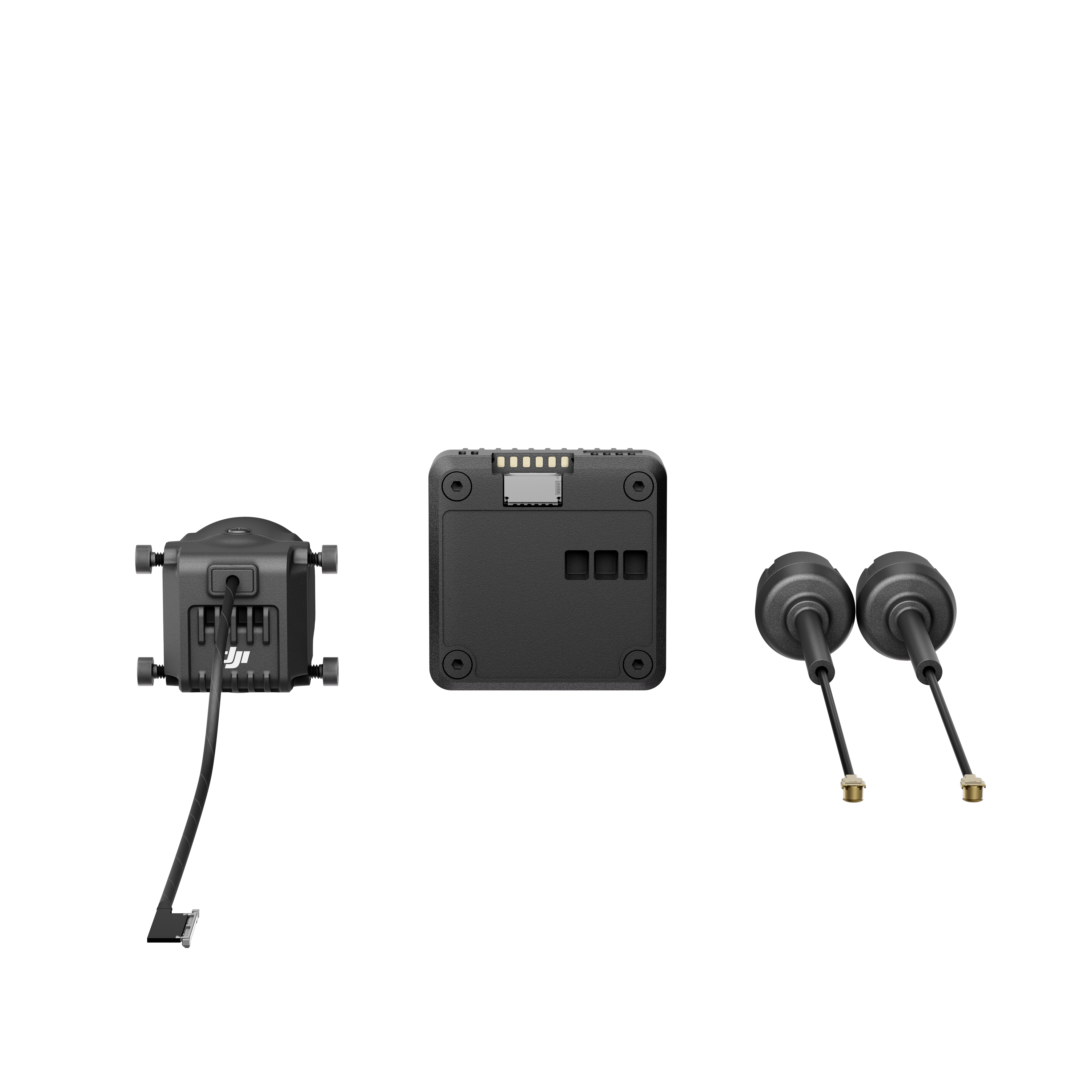 Schwarzer Drohnenempfänger, Controller und zwei Antennen auf weißem Hintergrund.