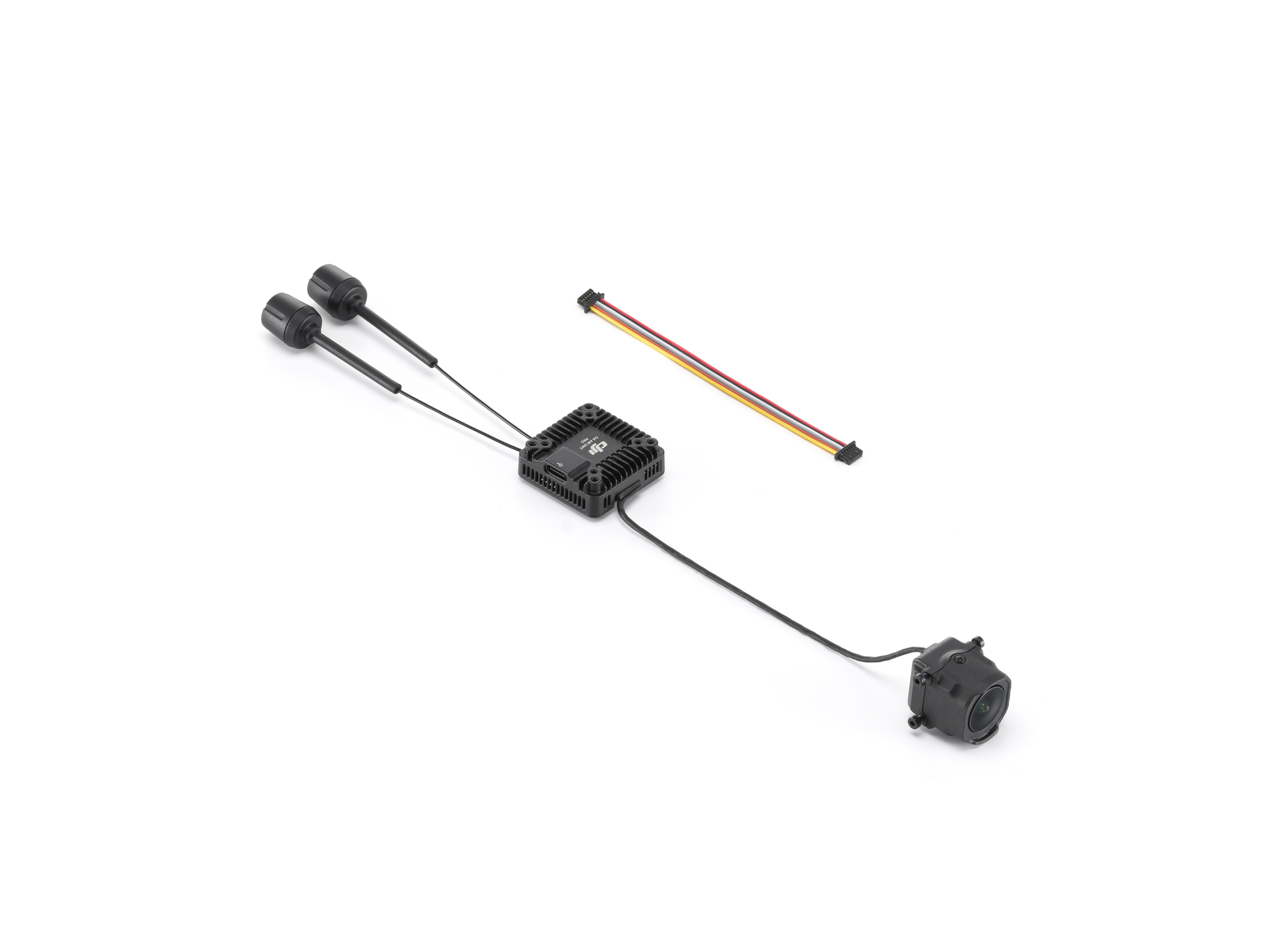 Ein kleines schwarzes elektronisches Gerät mit zwei Antennen, einer Kamera und einem Kabel.