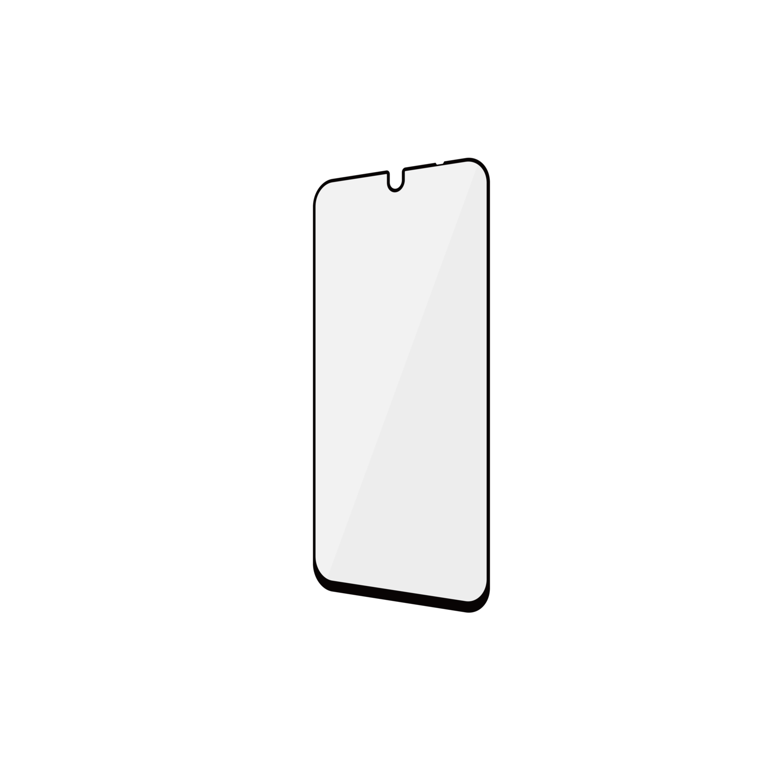 Een zwarte smartphone met een wit scherm. Het scherm is diagonaal over de voorkant gekanteld.