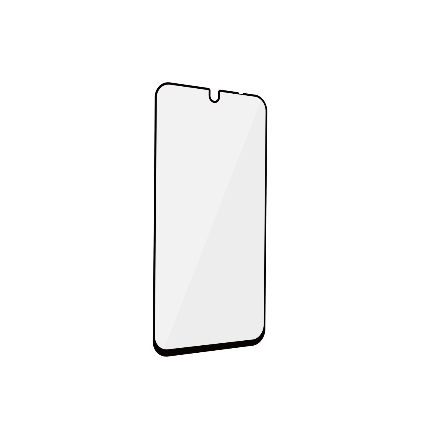 Een zwarte smartphone met een lichtgrijs scherm, schuine weergave.