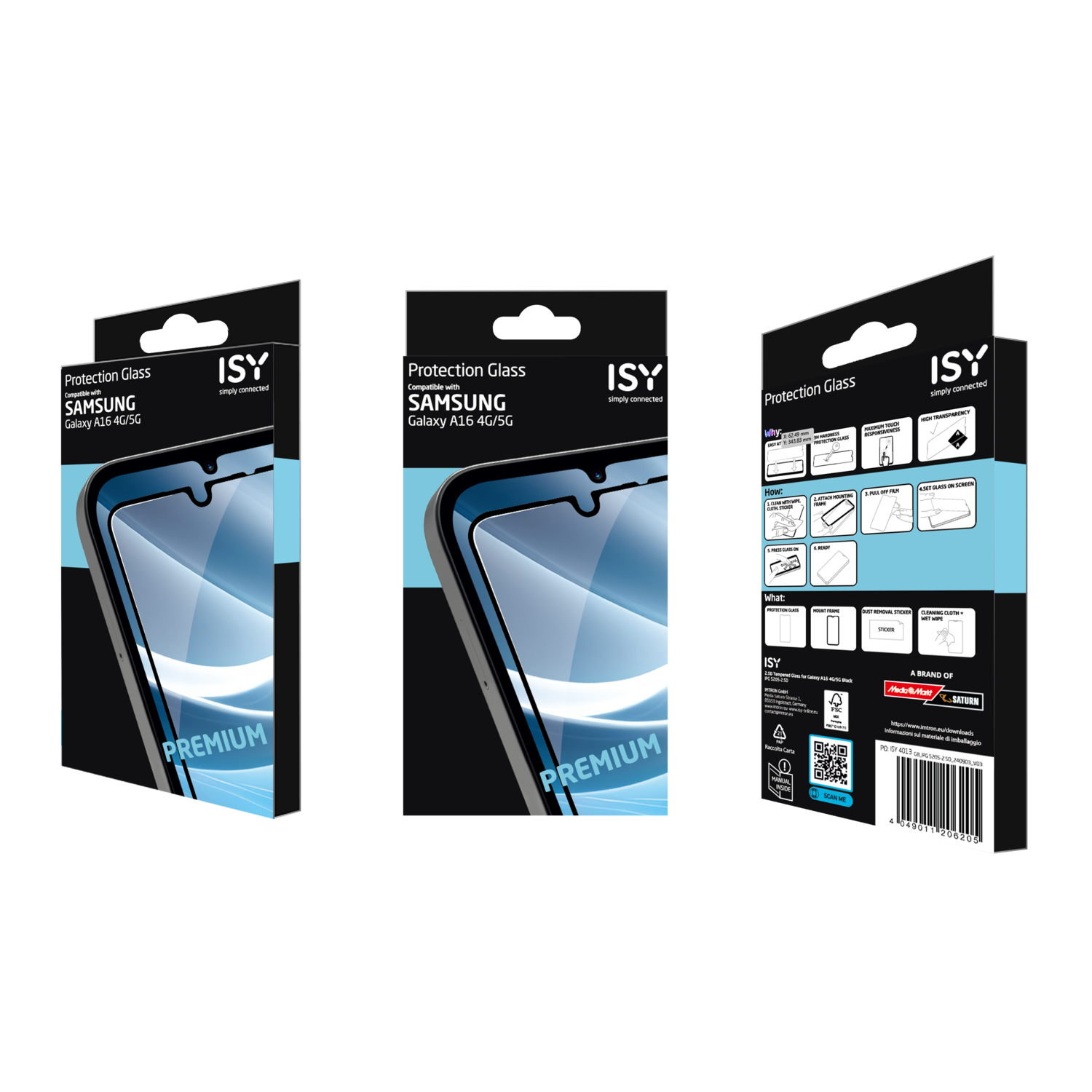 Drie telefoon screenprotector dozen. Ze zijn zwart en wit met productdetails.
