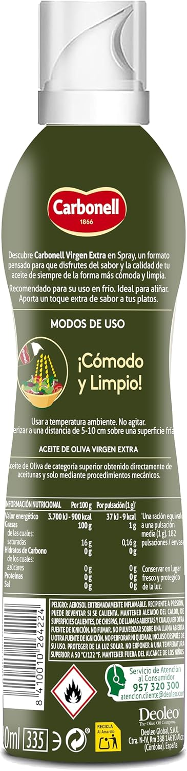 Botella de spray de aceite de oliva con texto e información nutricional.
