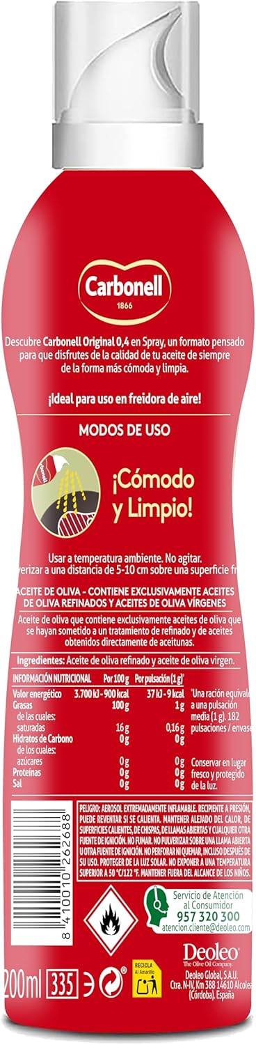 Botella de spray de aceite de oliva con información nutricional en español.