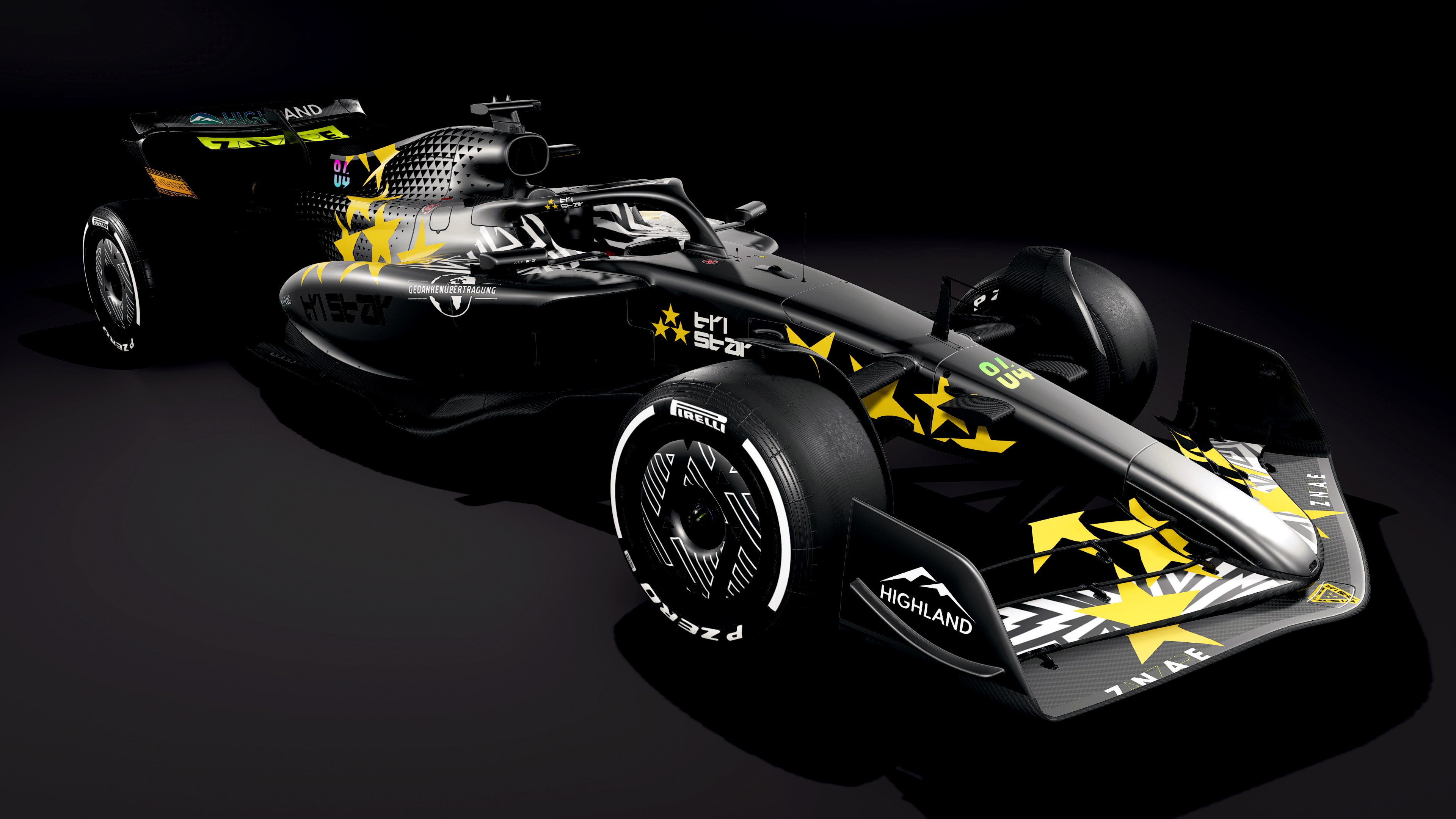Schwarzes Formel-1-Rennauto mit gelben Akzenten und Sponsorenlogos.