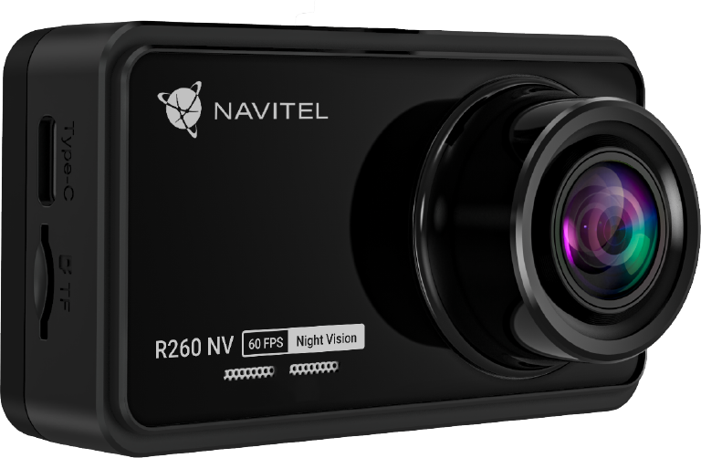 Fekete fedélzeti kamera lencsével és képernyővel, 'R260 NV' és 'NAVITEL' felirattal.