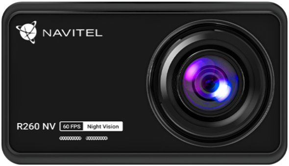 Navitel fedélzeti kamera, fekete, lencsével. R260 NV, 60 FPS, Night Vision szöveg látható.