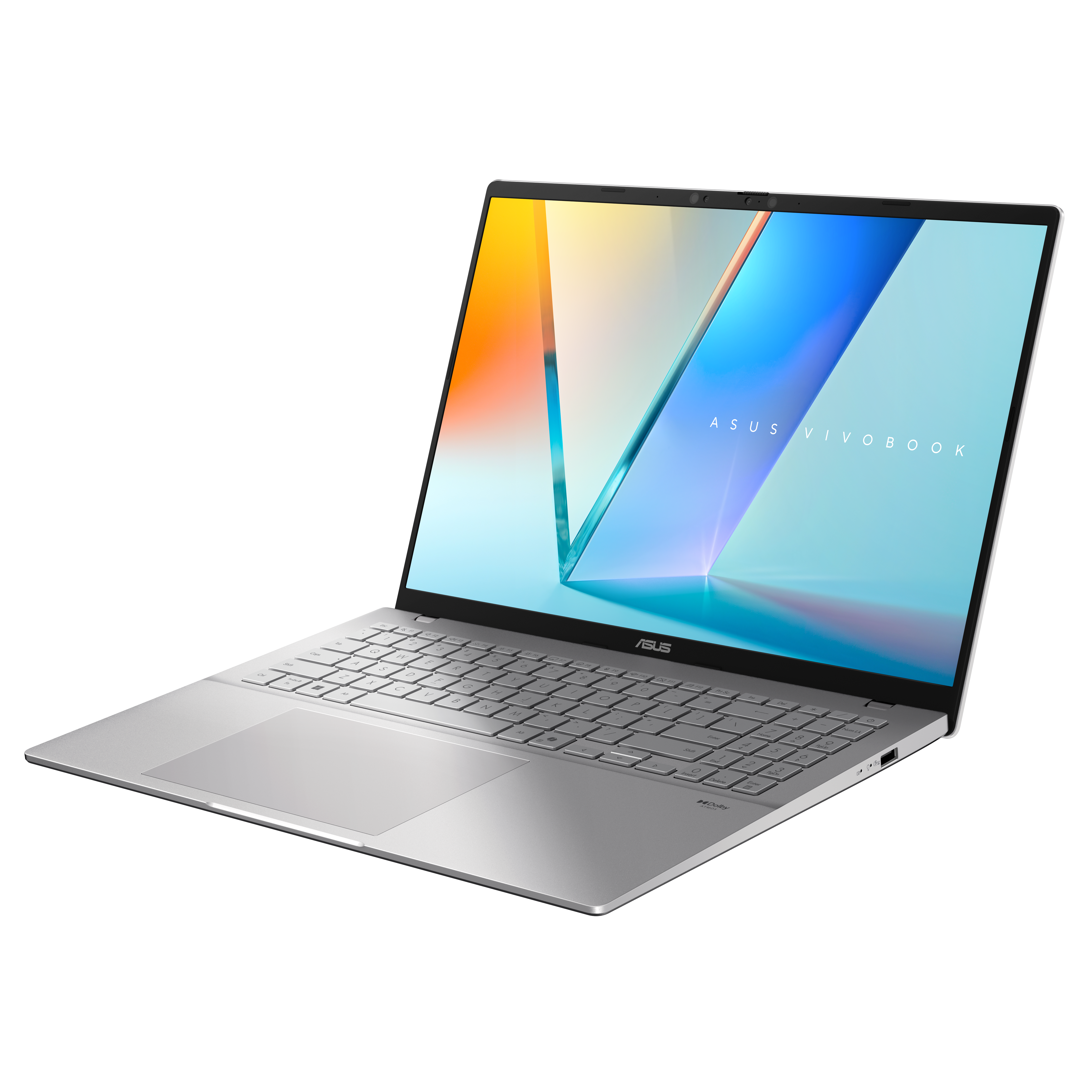 Silbernes ASUS Vivobook Laptop, geöffnet, zeigt einen Bildschirm mit blauem und gelbem Farbverlauf.