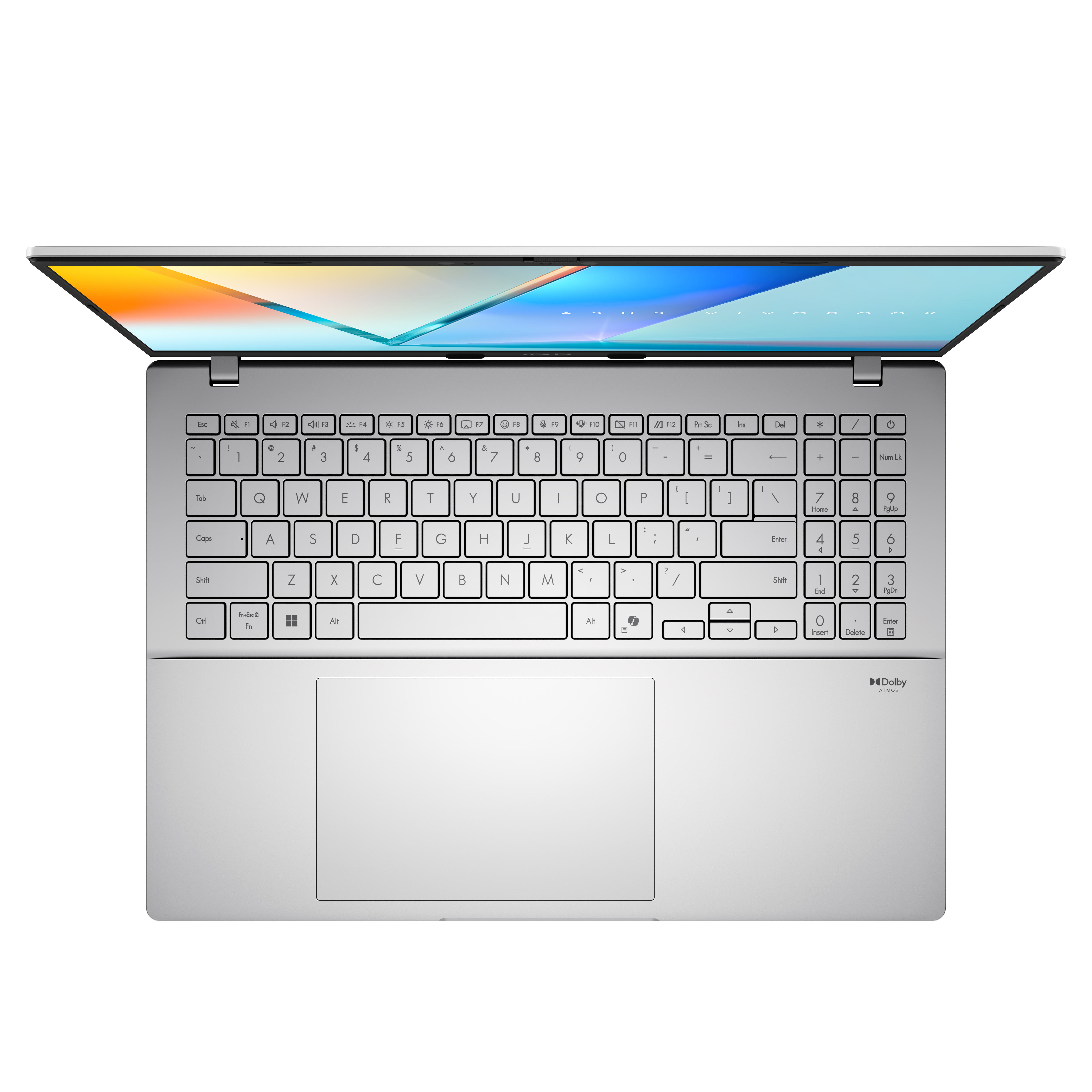 Laptop, offen, Draufsicht. Silbernes Gehäuse, weiße Tastatur, Bildschirm mit farbenfroher Grafik.