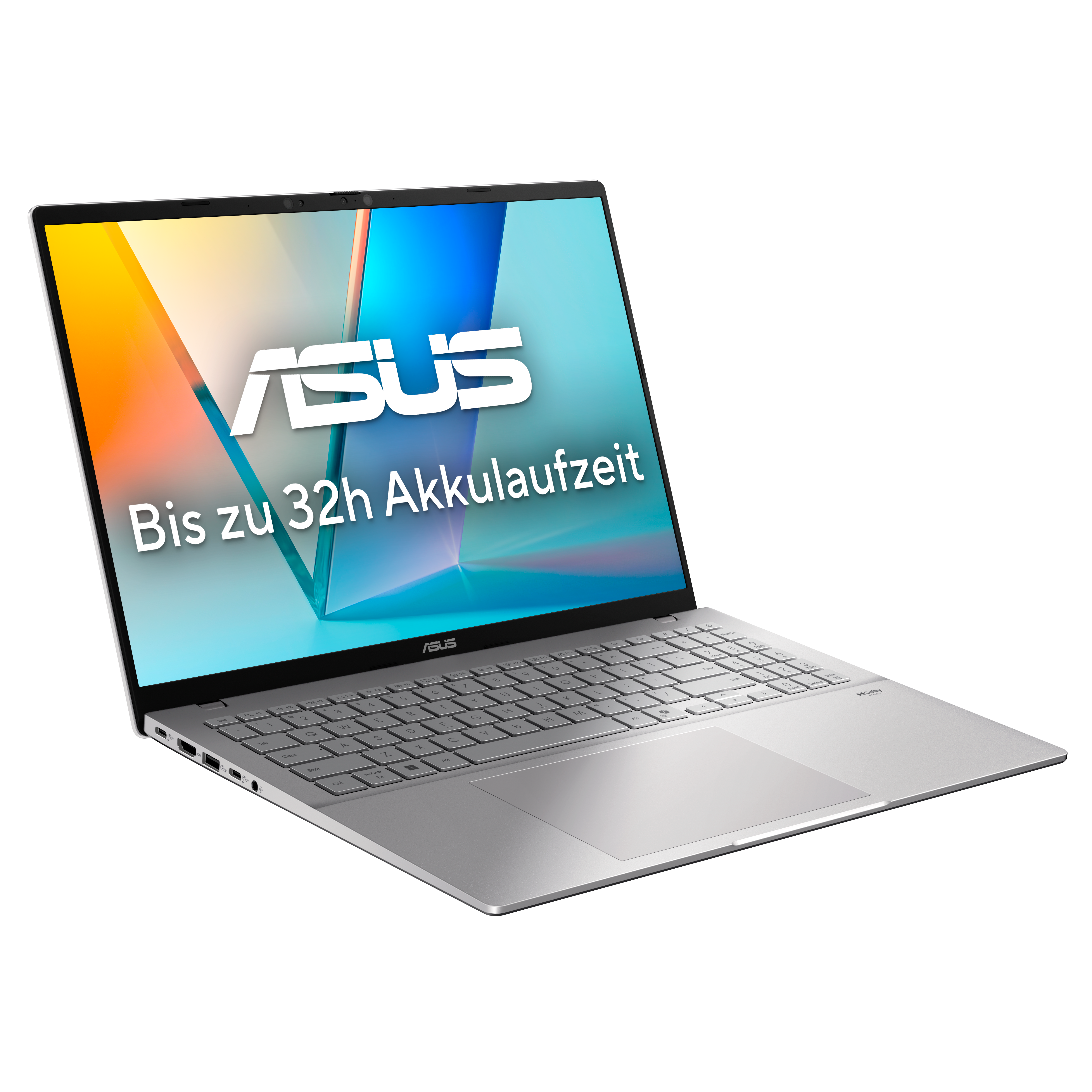 Silberner Asus-Laptop offen, Bildschirm zeigt eine farbenfrohe Grafik.