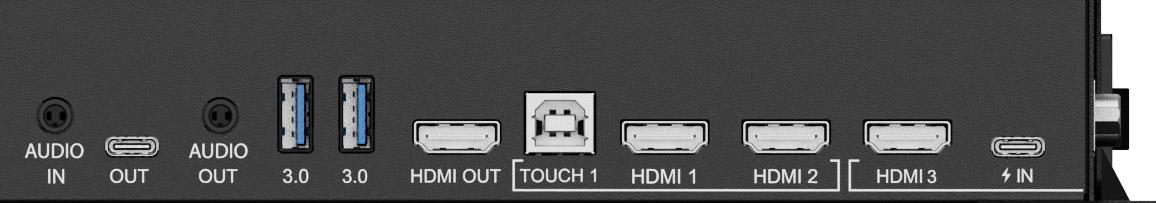 Schwarzes Geräte-Rückpanel mit Audio-, USB-, HDMI-Anschlüssen und Stromeingang.