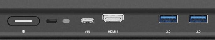 Nahaufnahme einer Reihe von Anschlüssen, einschließlich USB-C, HDMI und USB 3.0.