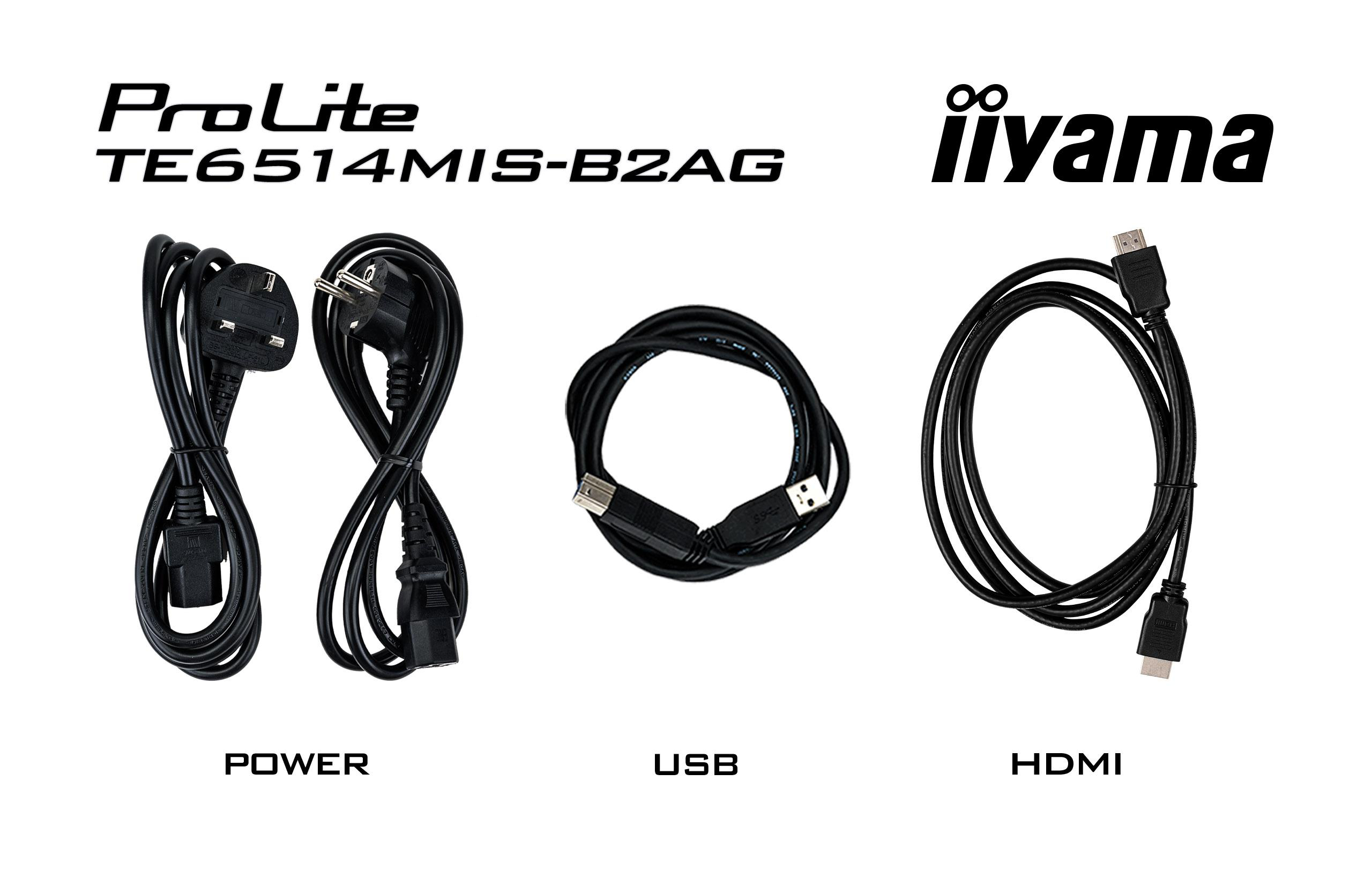 Netz-, USB- und HDMI-Kabel für ein ProLite TE6514MIS-B2AG Display, auf Weiß.
