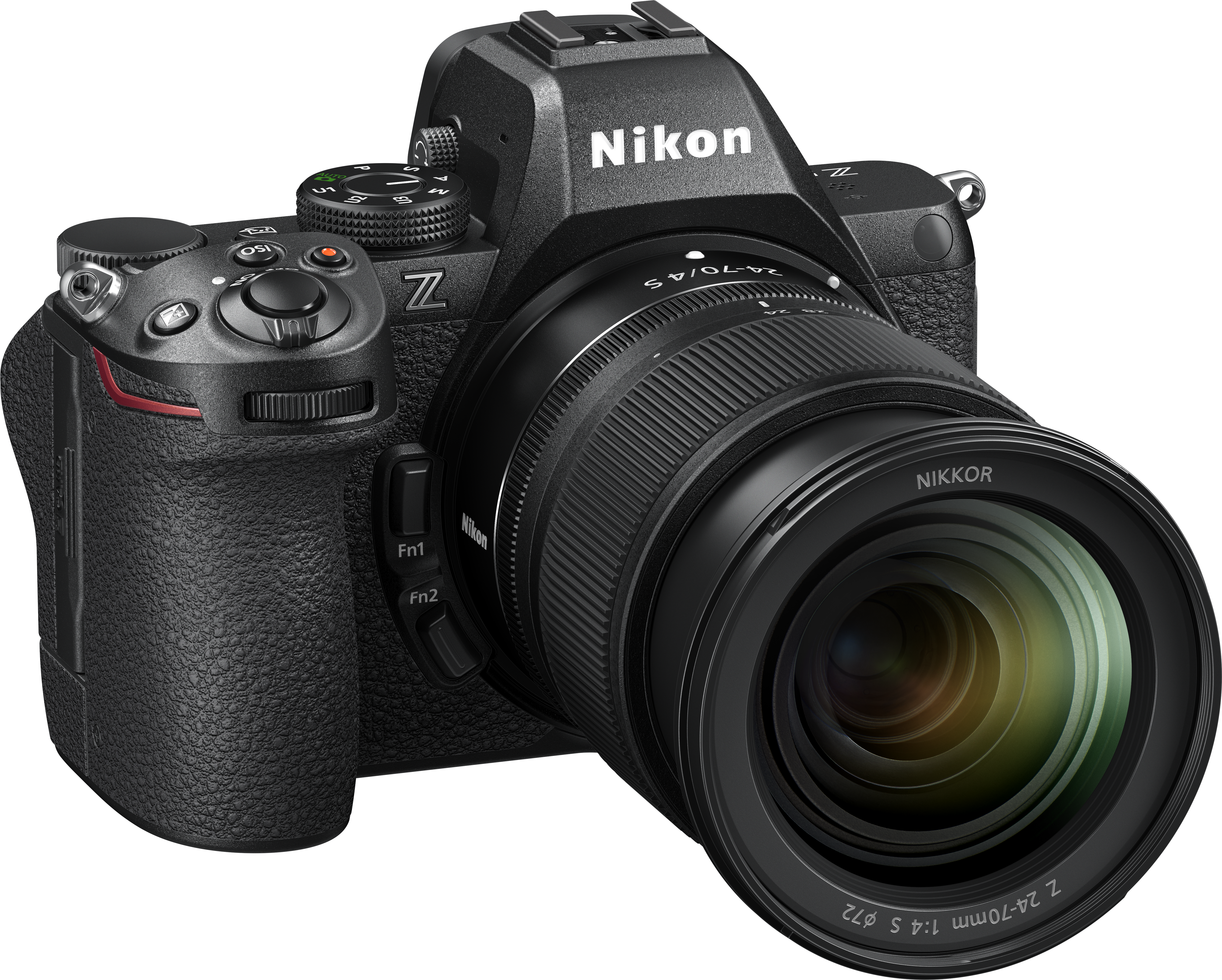 Schwarze Kamera mit Objektiv, verschiedenen Einstellrädern und Knöpfen. Nikon-Markenlogo.