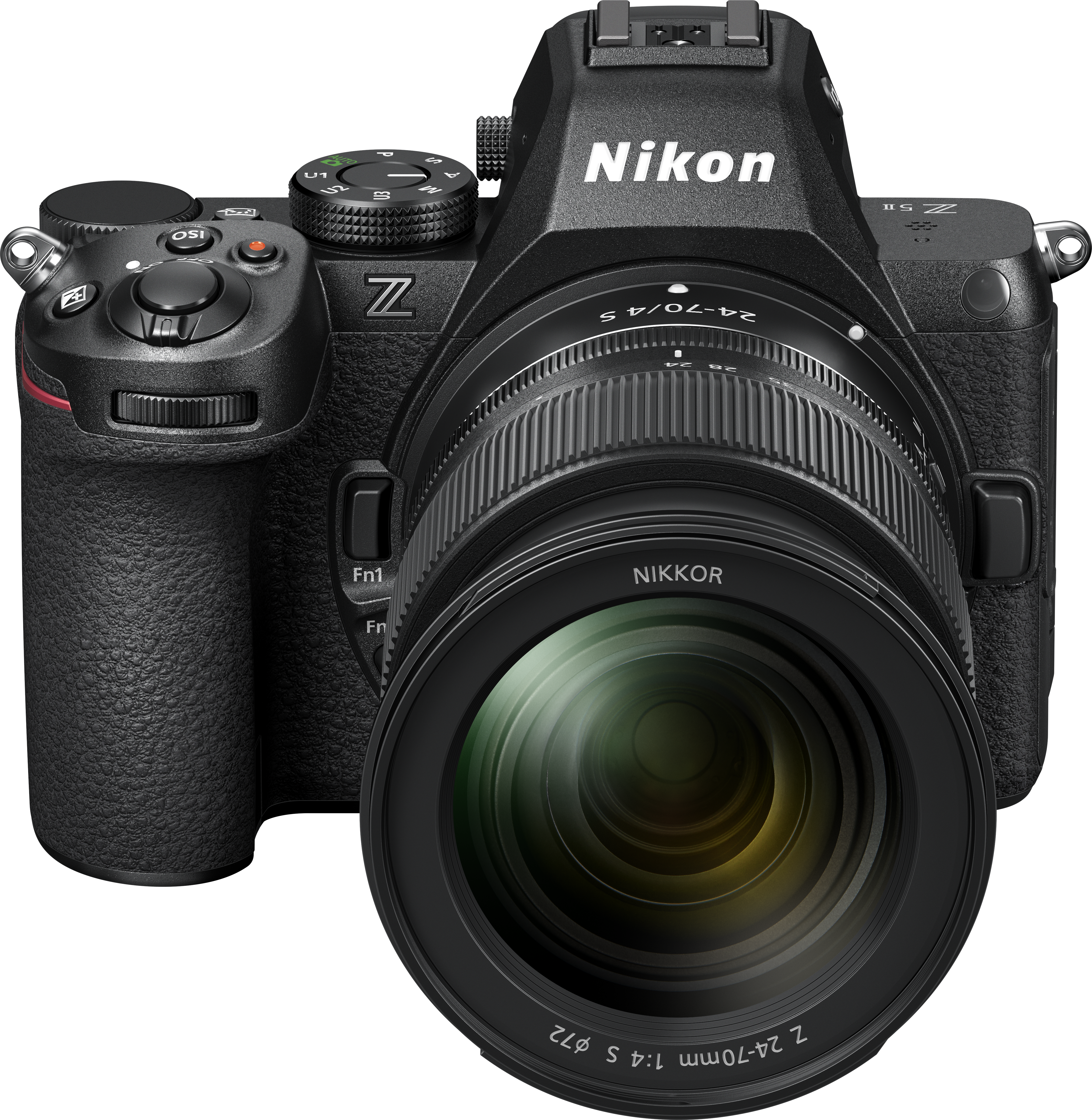 Eine schwarze Nikon Z-Serie Kamera mit Objektiv, Knöpfen und einem oberen Drehknopf.