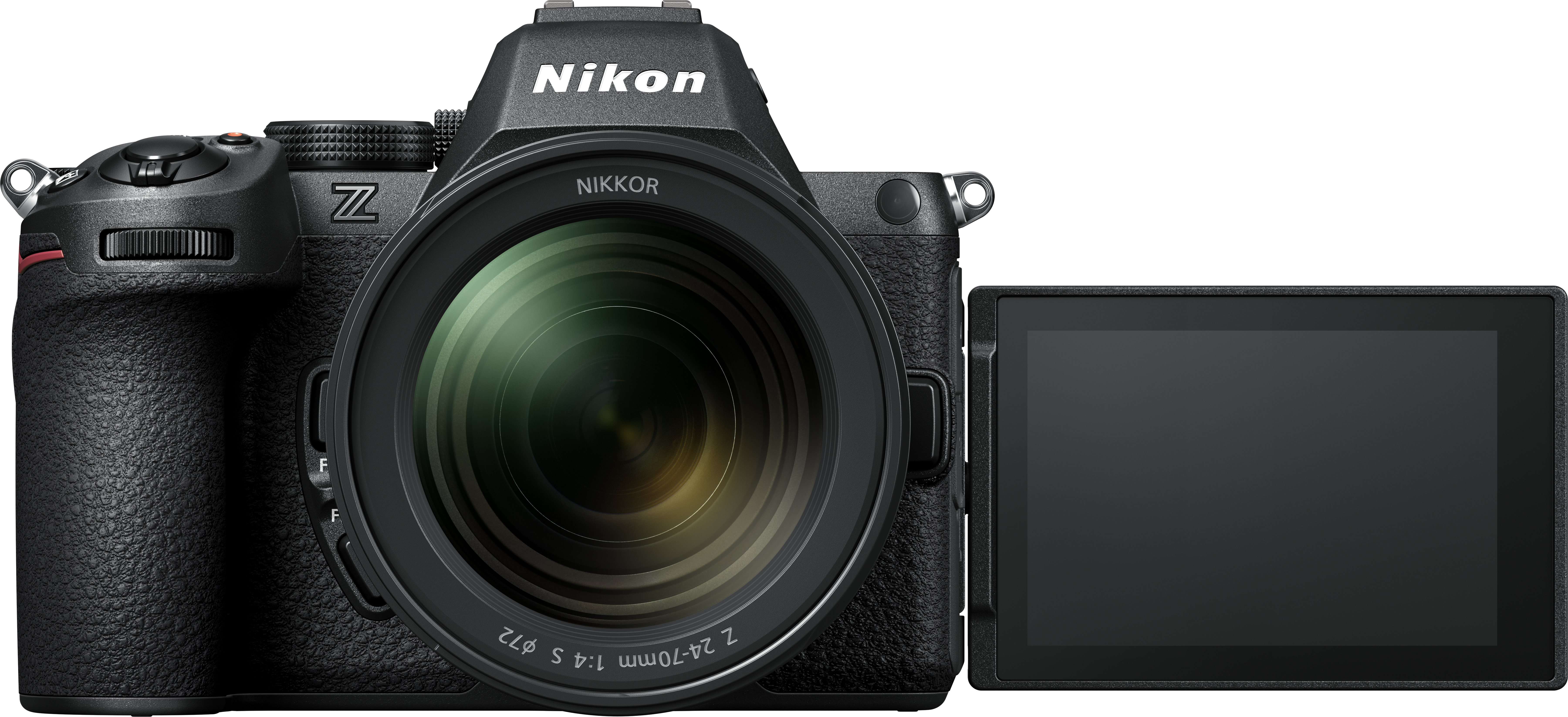 Eine schwarze Nikon Z-Kamera mit Objektiv und ausklappbarem Bildschirm, Seitenansicht.
