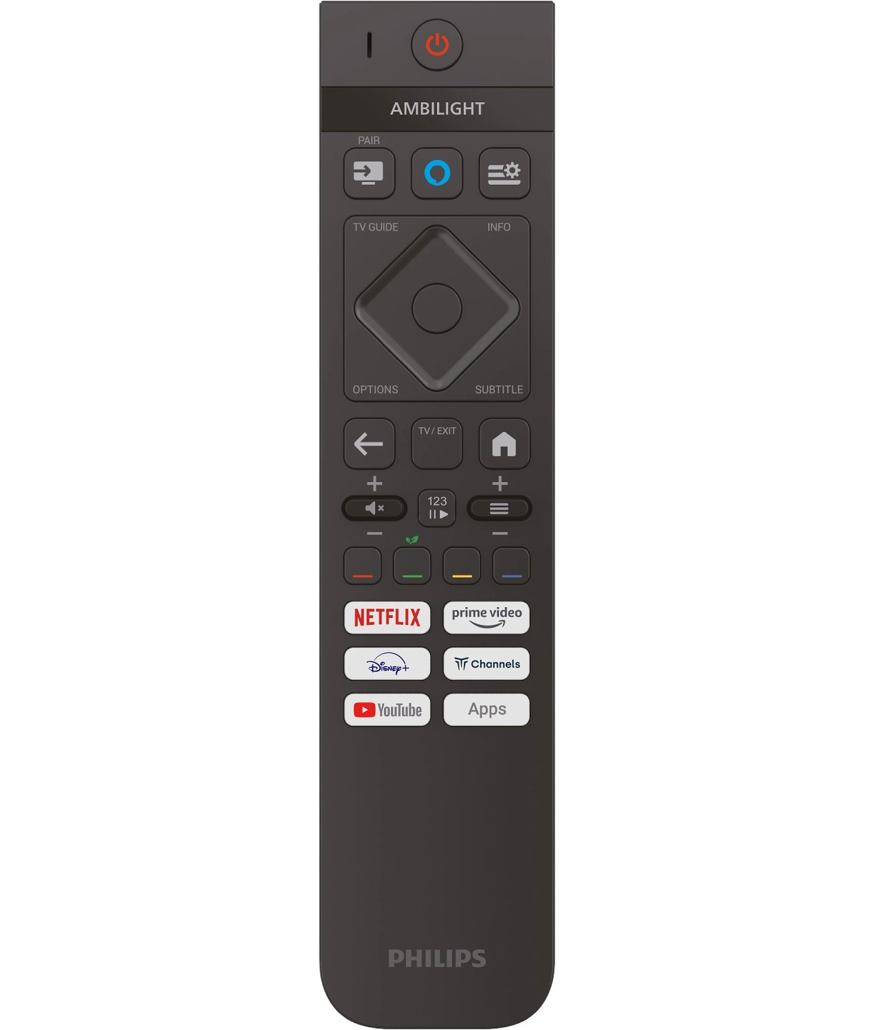 Mando a distancia negro de Philips con muchos botones.