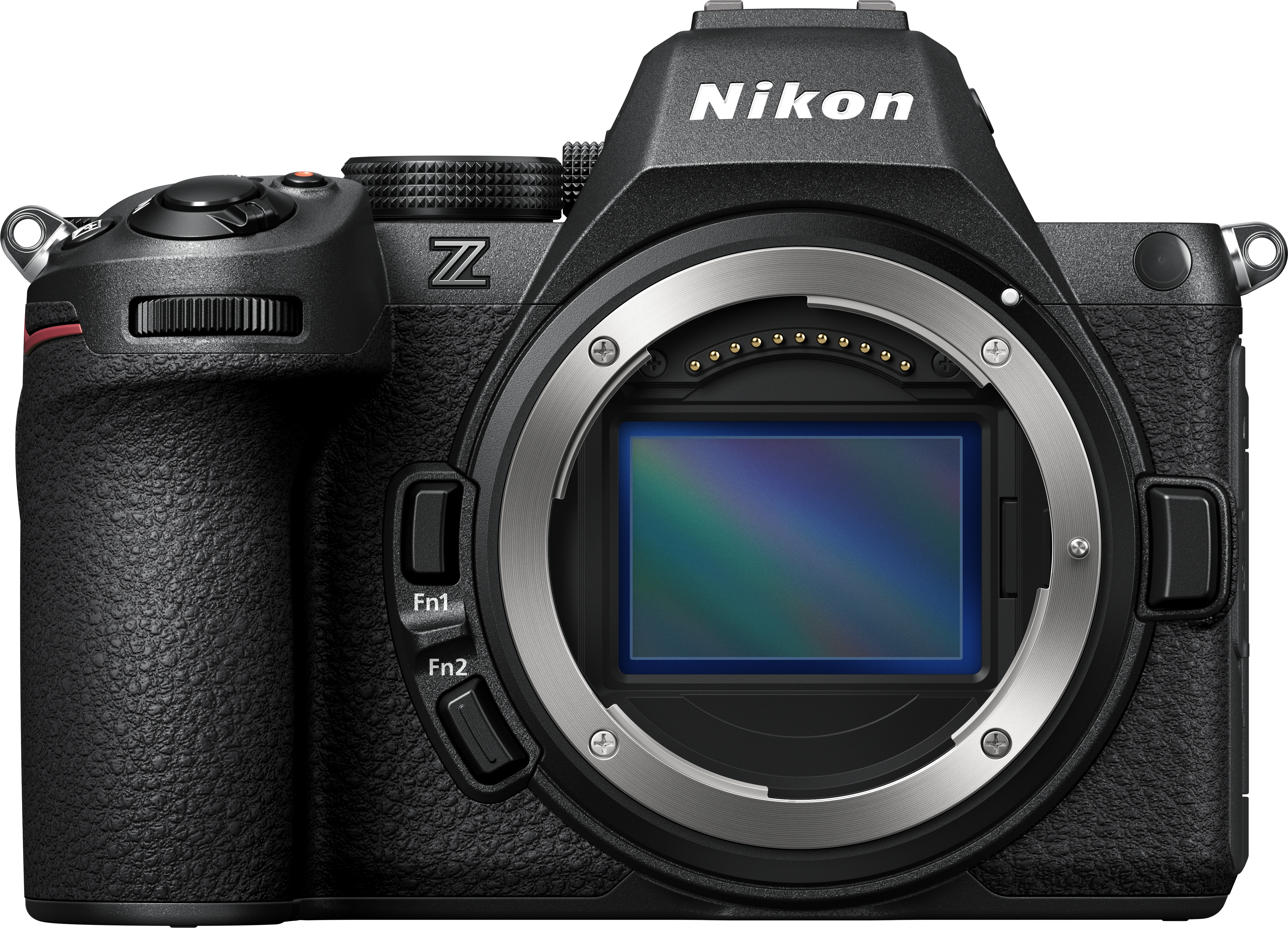 Schwarze Nikon Z-Serie Kamera, Frontansicht. Objektivanschluss und Bildschirm, weißer Hintergrund.