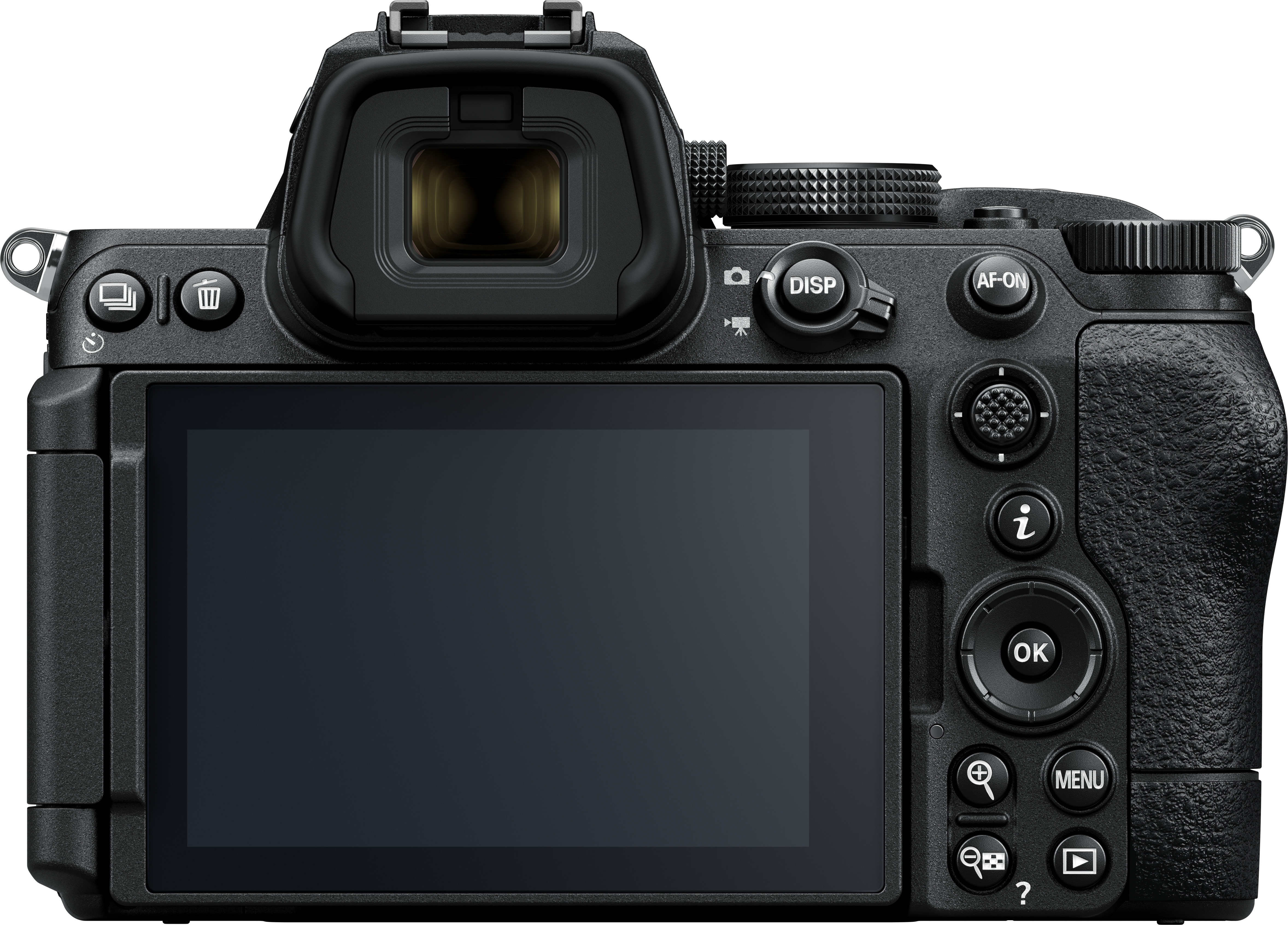 Rückseite einer schwarzen Nikon Kamera mit Bildschirm und Knöpfen. Fokus auf dem Bildschirm.