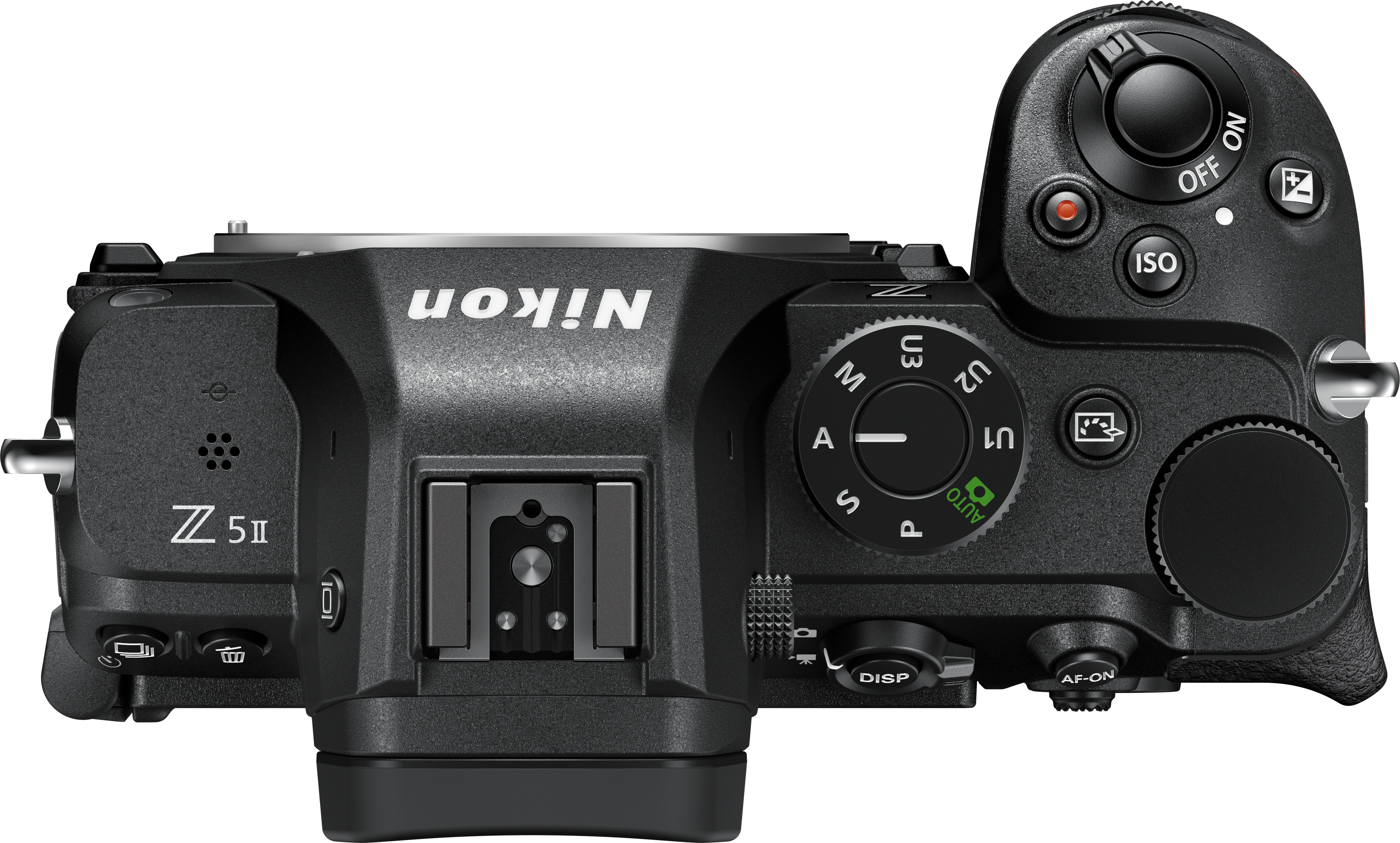 Schwarze Nikon Z 5II Kamera, Draufsicht. Knöpfe und Wählscheiben sind sichtbar, mit dem Nikon-Logo oben.