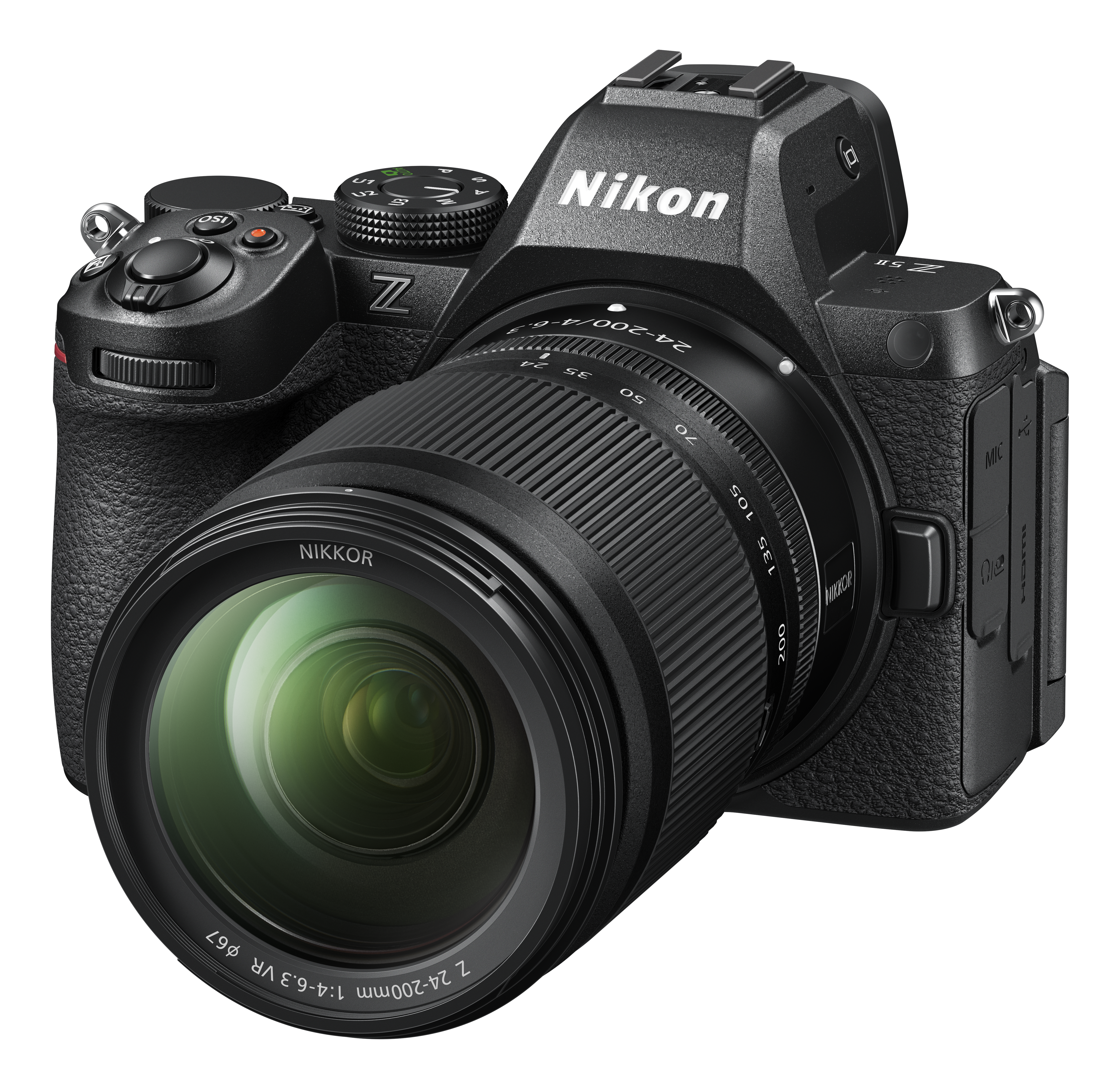 Eine schwarze Nikon-Kamera mit Objektiv, Knöpfen und Sucher.