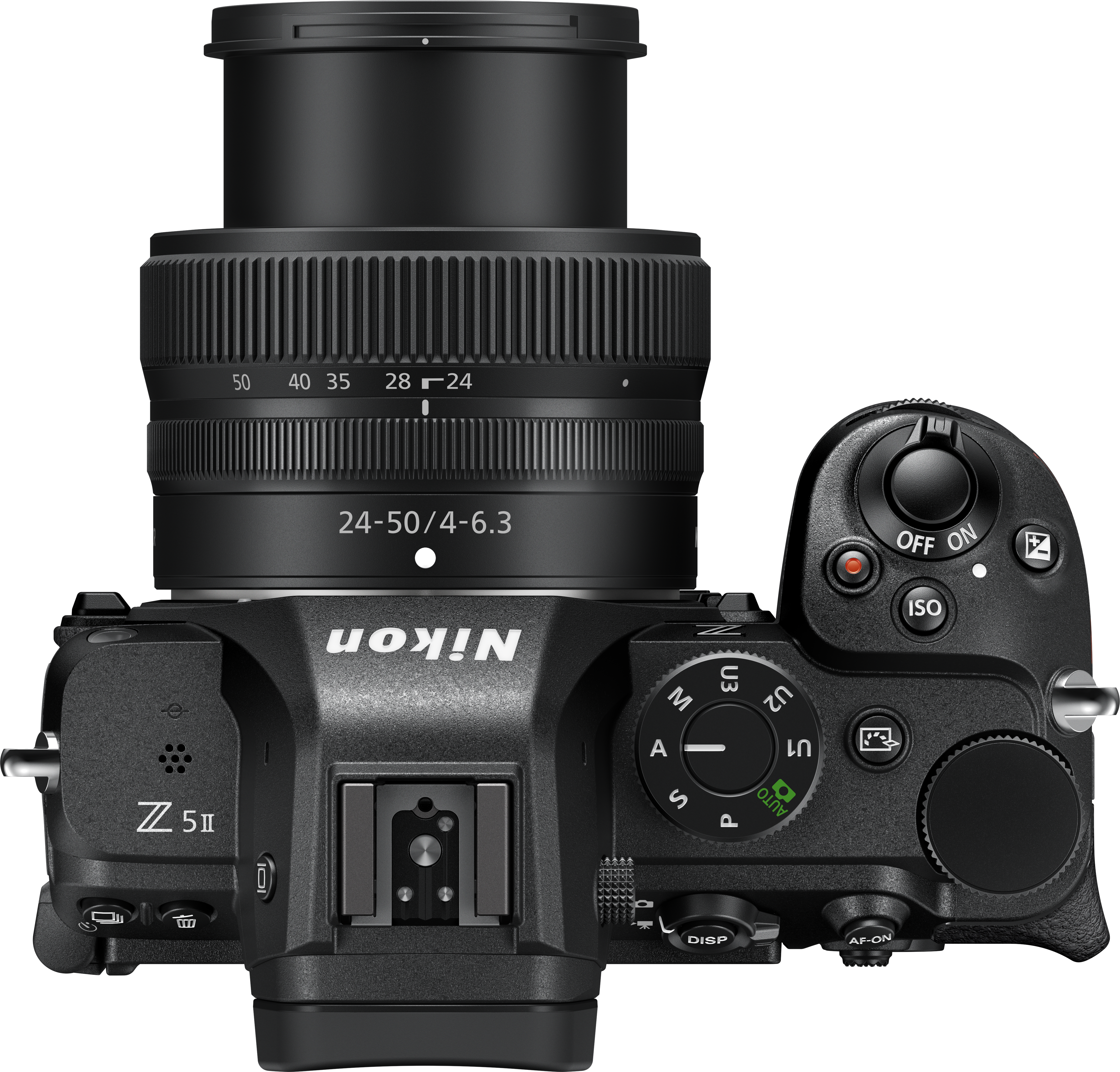 Un appareil photo Nikon Z 5II noir, avec objectif, vu de haut, montrant les commandes.