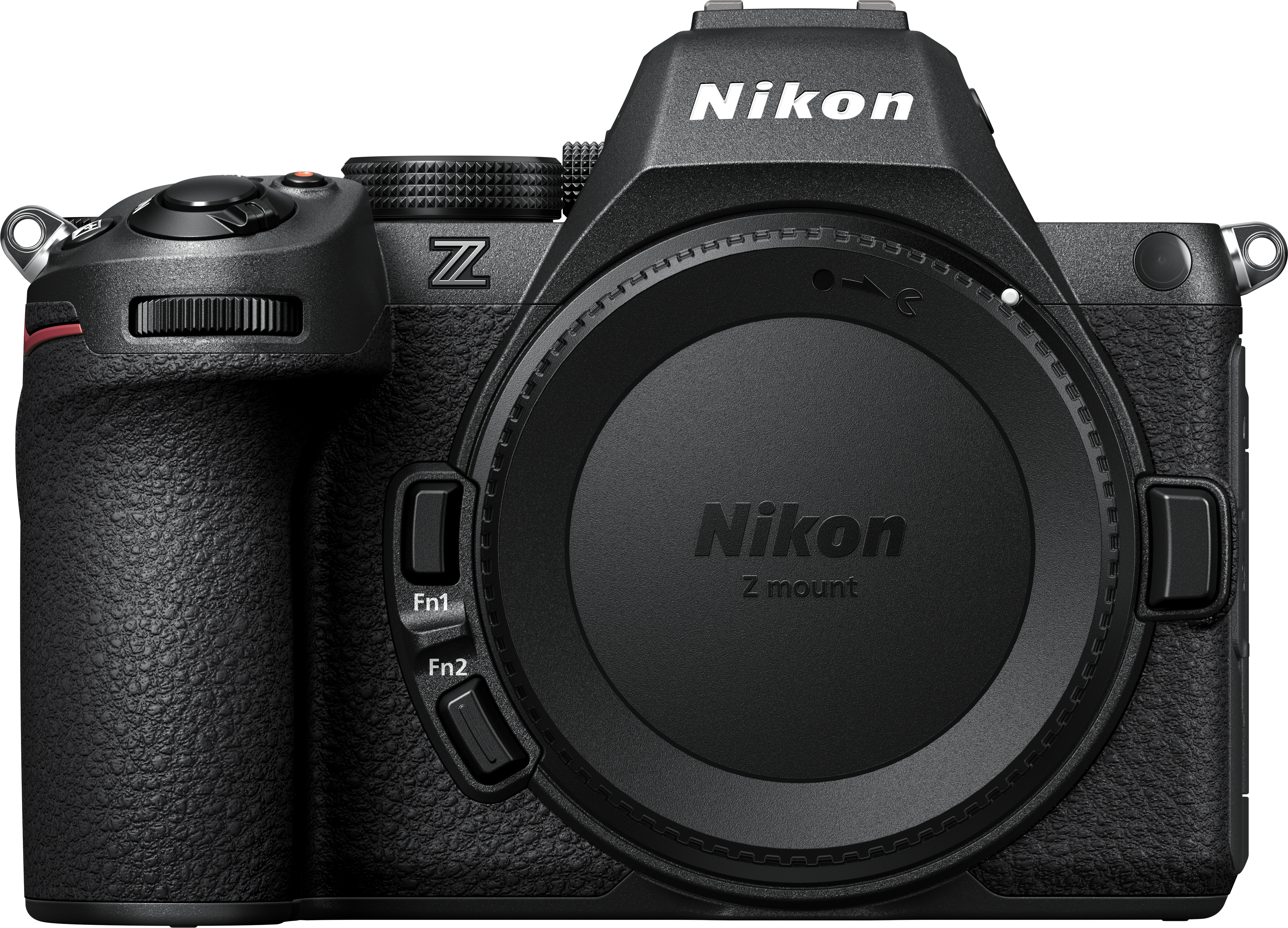 Eine schwarze Kamera mit Objektivdeckel und dem Nikon-Logo.