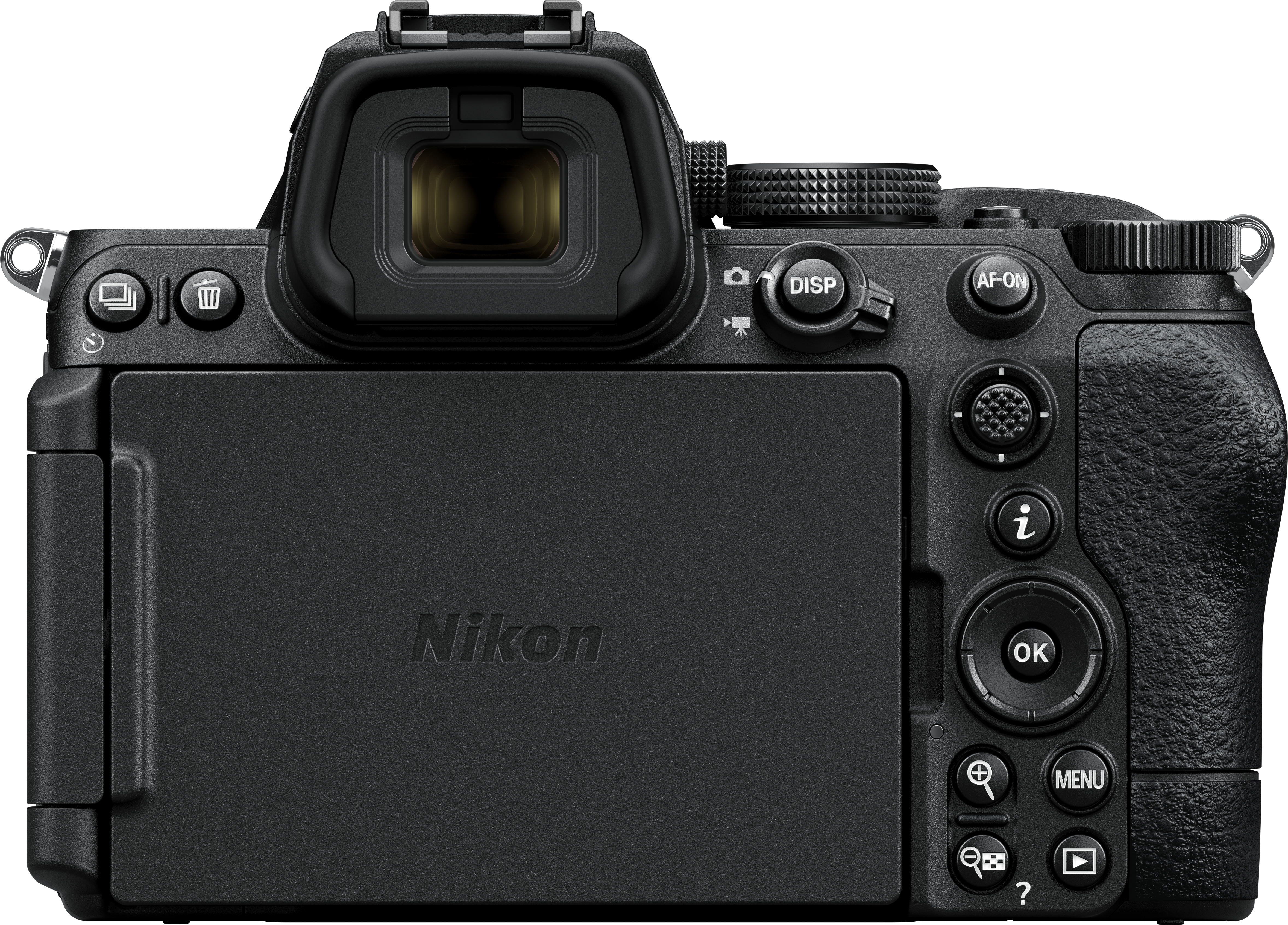 Schwarze Nikon-Kamera mit Knöpfen, Sucher und Bildschirm, von hinten gesehen.