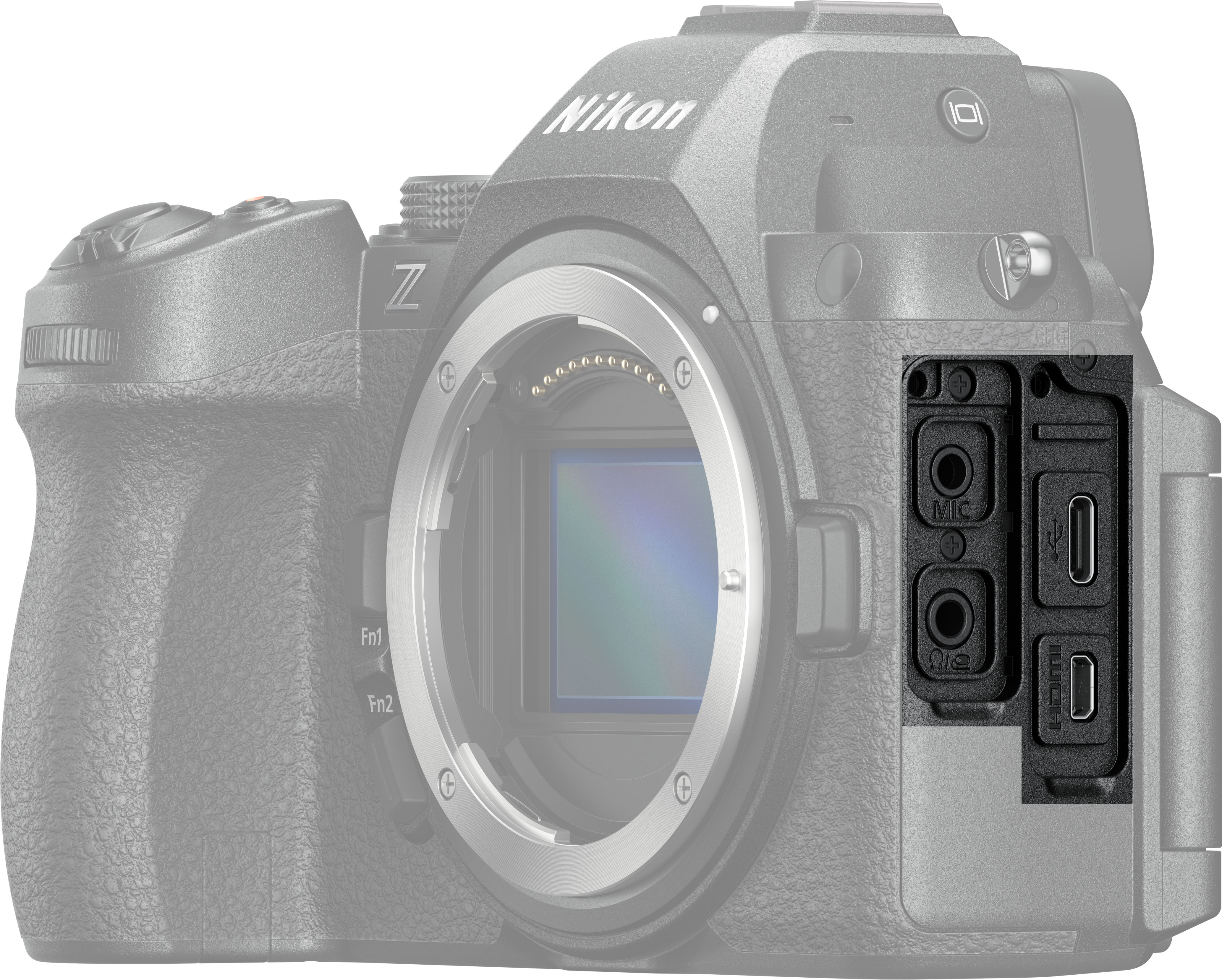 Rückseite einer Nikon Kamera, mit Anschlüssen für Mikrofon, USB und Kopfhörer.