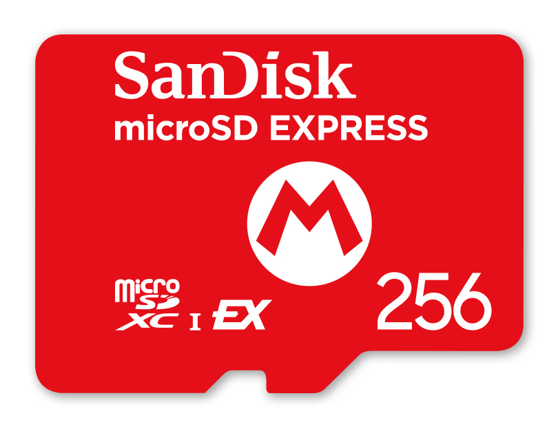 SanDisk microSD-Karte. Rote Karte mit weißem Logo und Text. Kapazität: 256. MicroSDXC, EX.