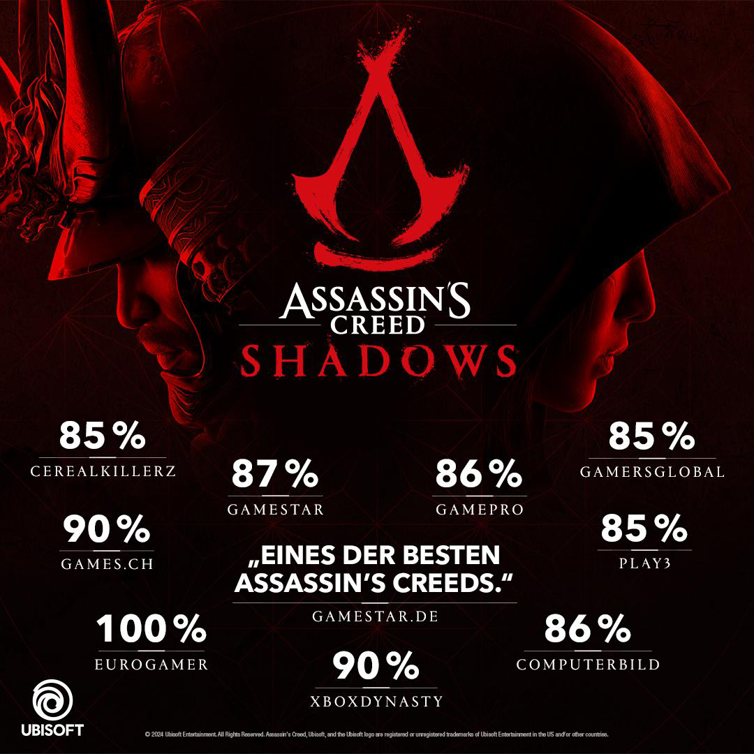 Werbung für das Spiel Assassin's Creed Shadows mit Bewertungen.