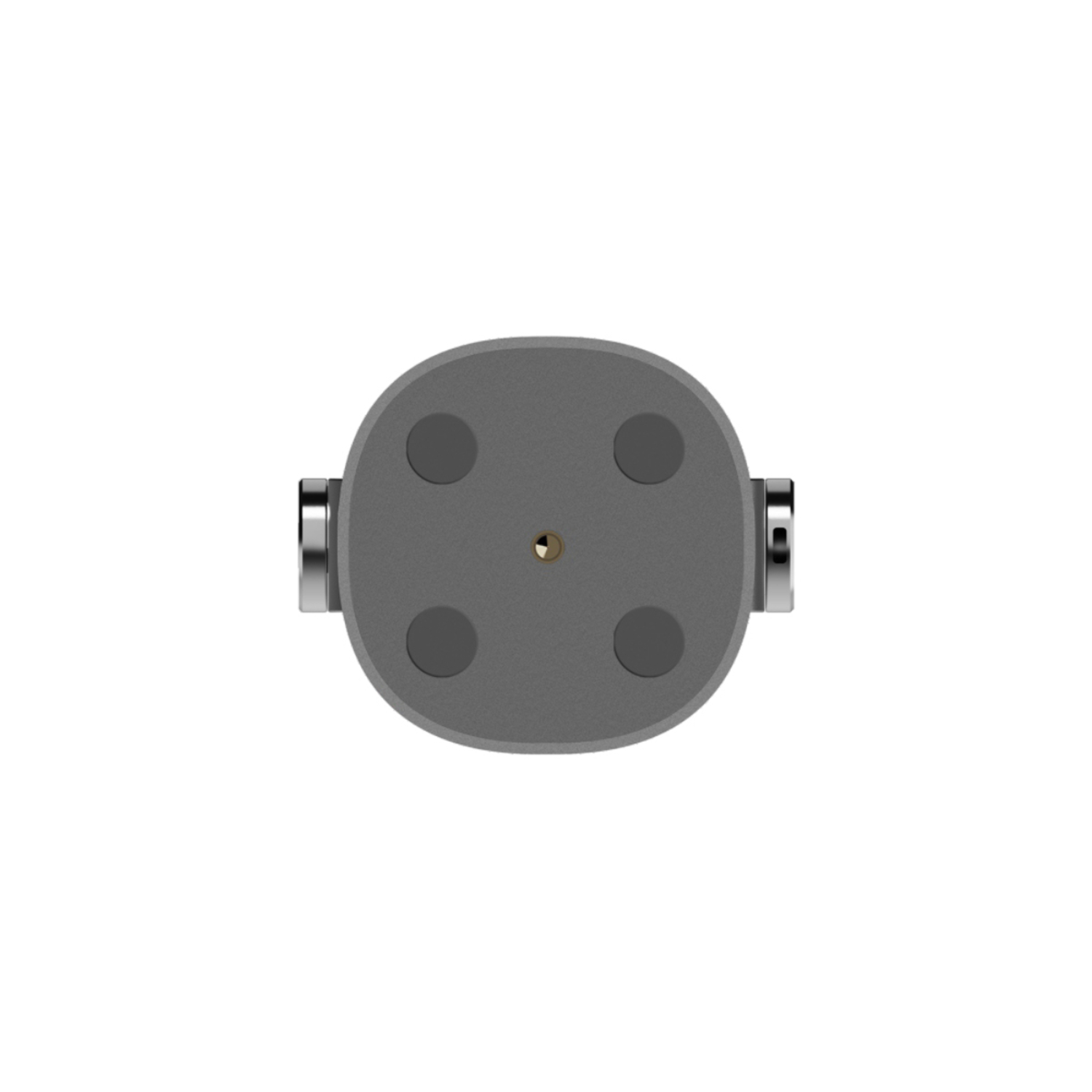 Top-down view of a gray, rounded rectangular device with four dark gray circular buttons and two silver cylinders on a white background.