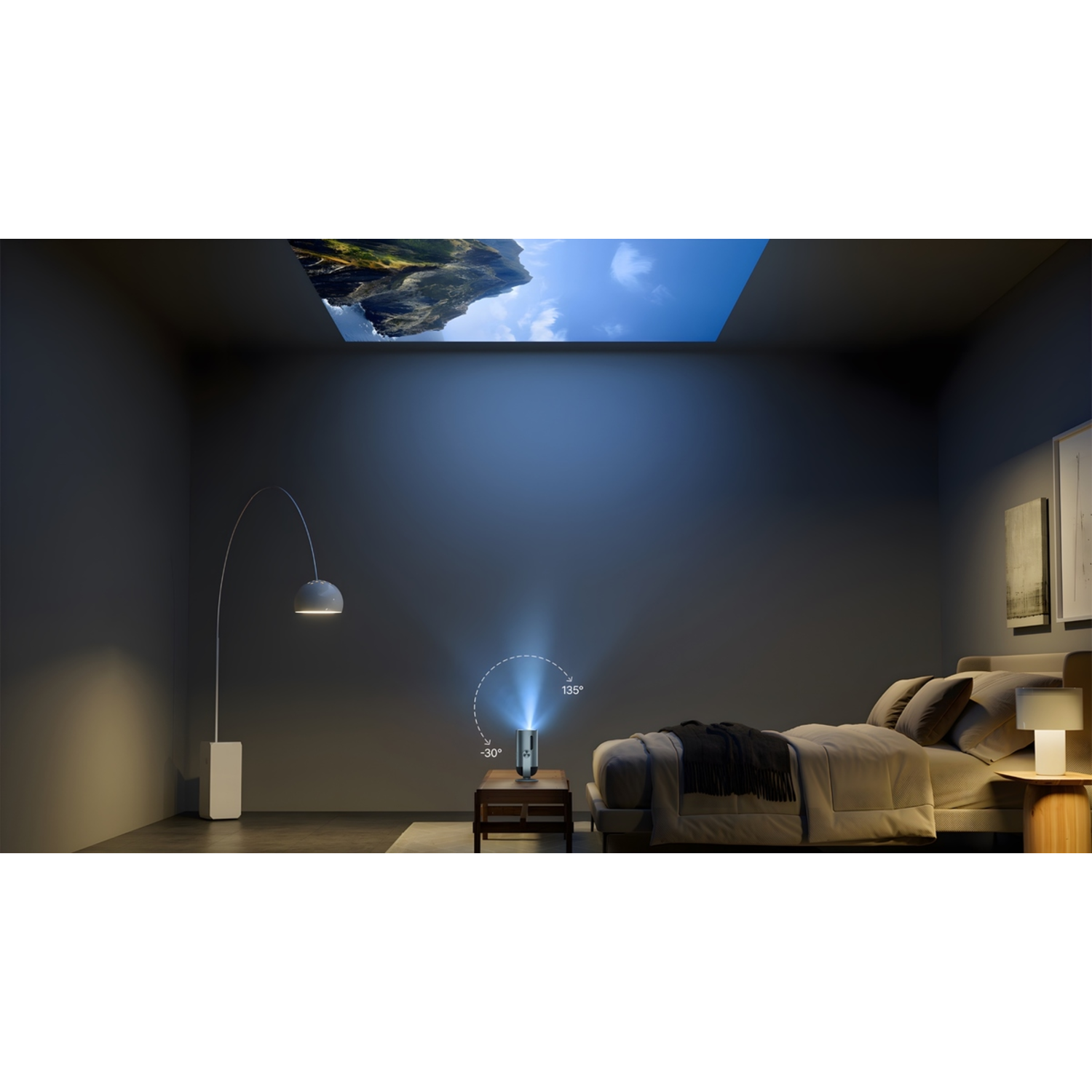 A room with a bed, lamp, and a projector displaying a landscape on the ceiling. The room is dark and modern.
