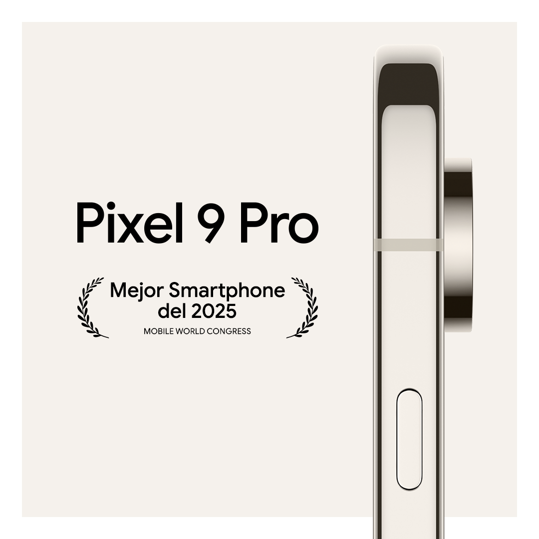 Primer plano del teléfono Pixel 9 Pro, con texto y corona de laurel, sobre fondo blanco.