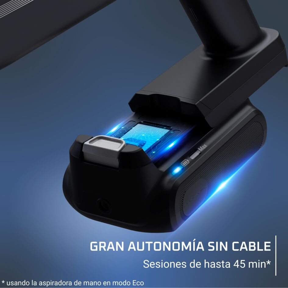Base de aspiradora negra con puerto de carga, luces azules y etiqueta.