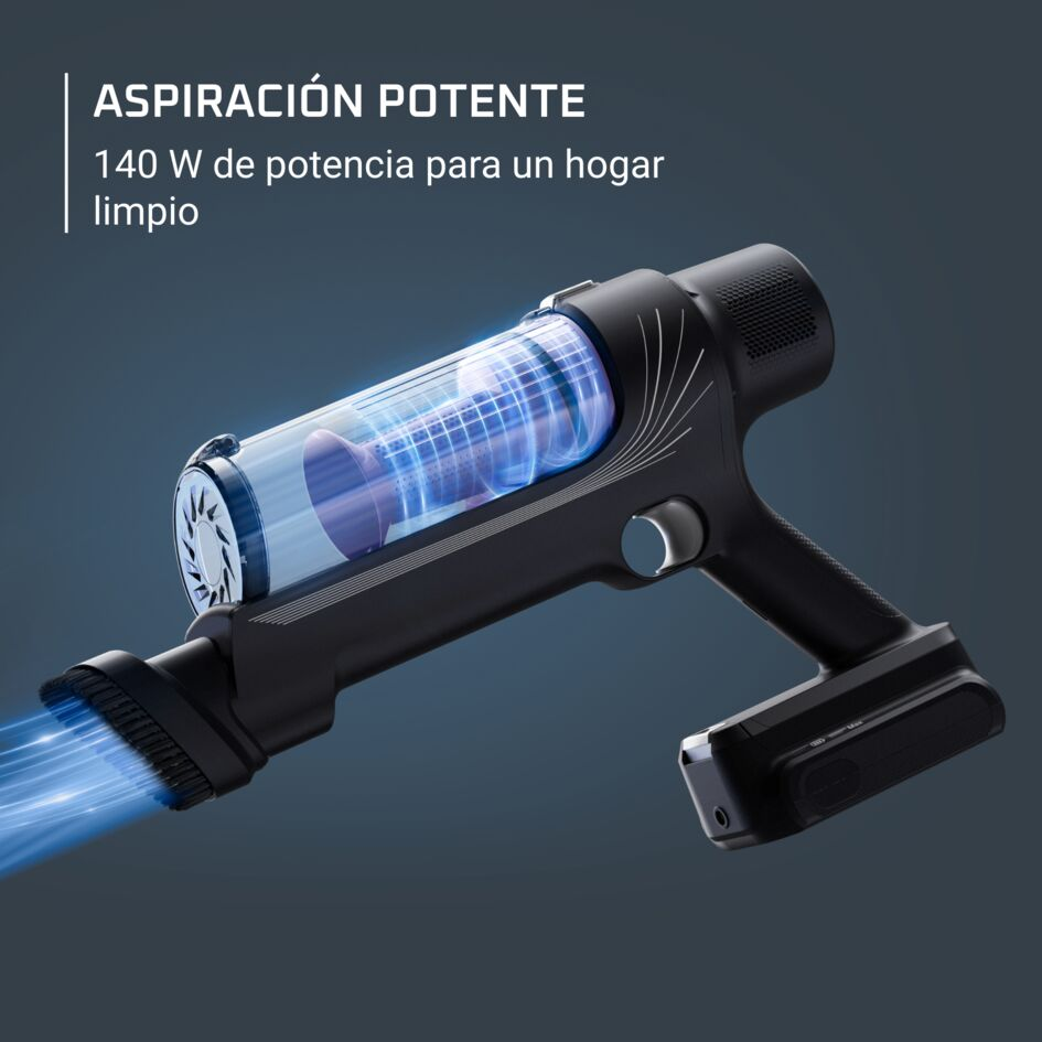 Aspiradora de mano negra con sección transparente y emisión de luz azul.