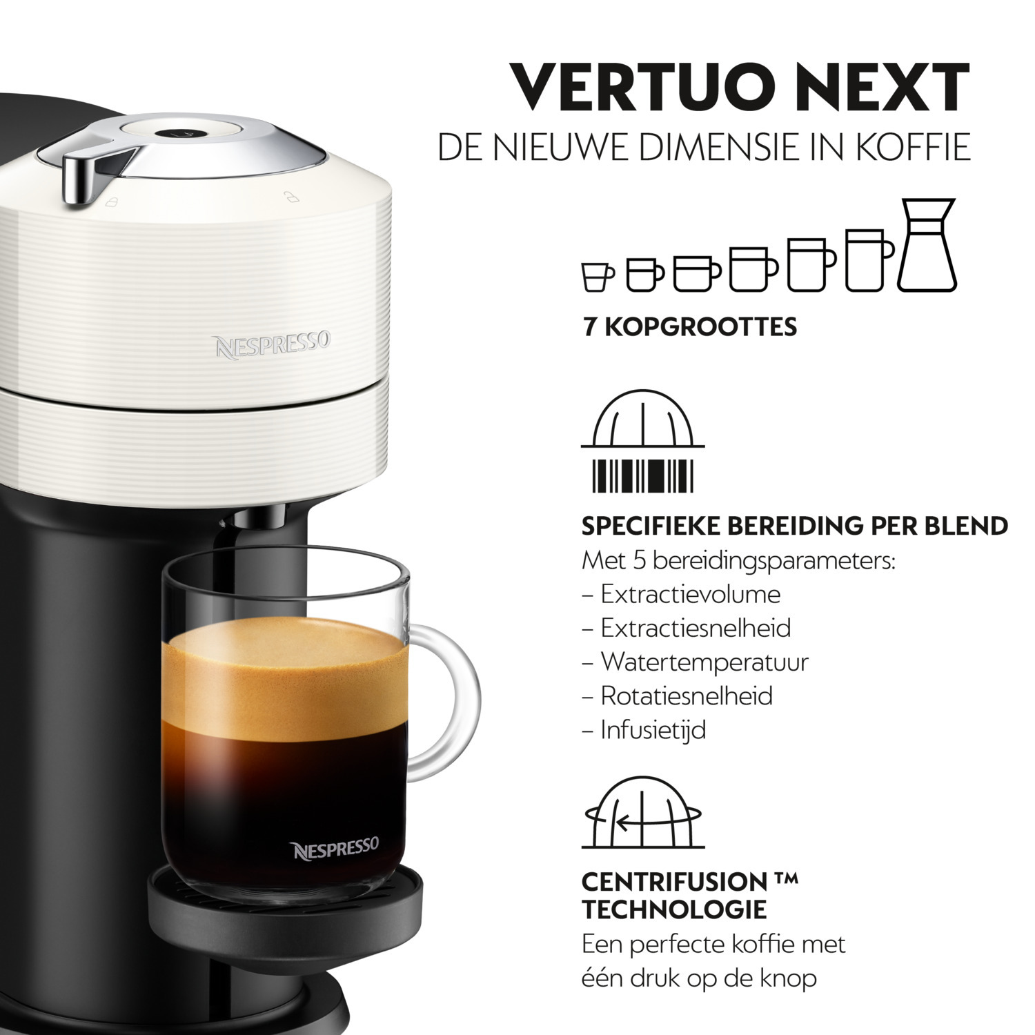 Nespresso Vertuo Next coffee machine with a glass of coffee.