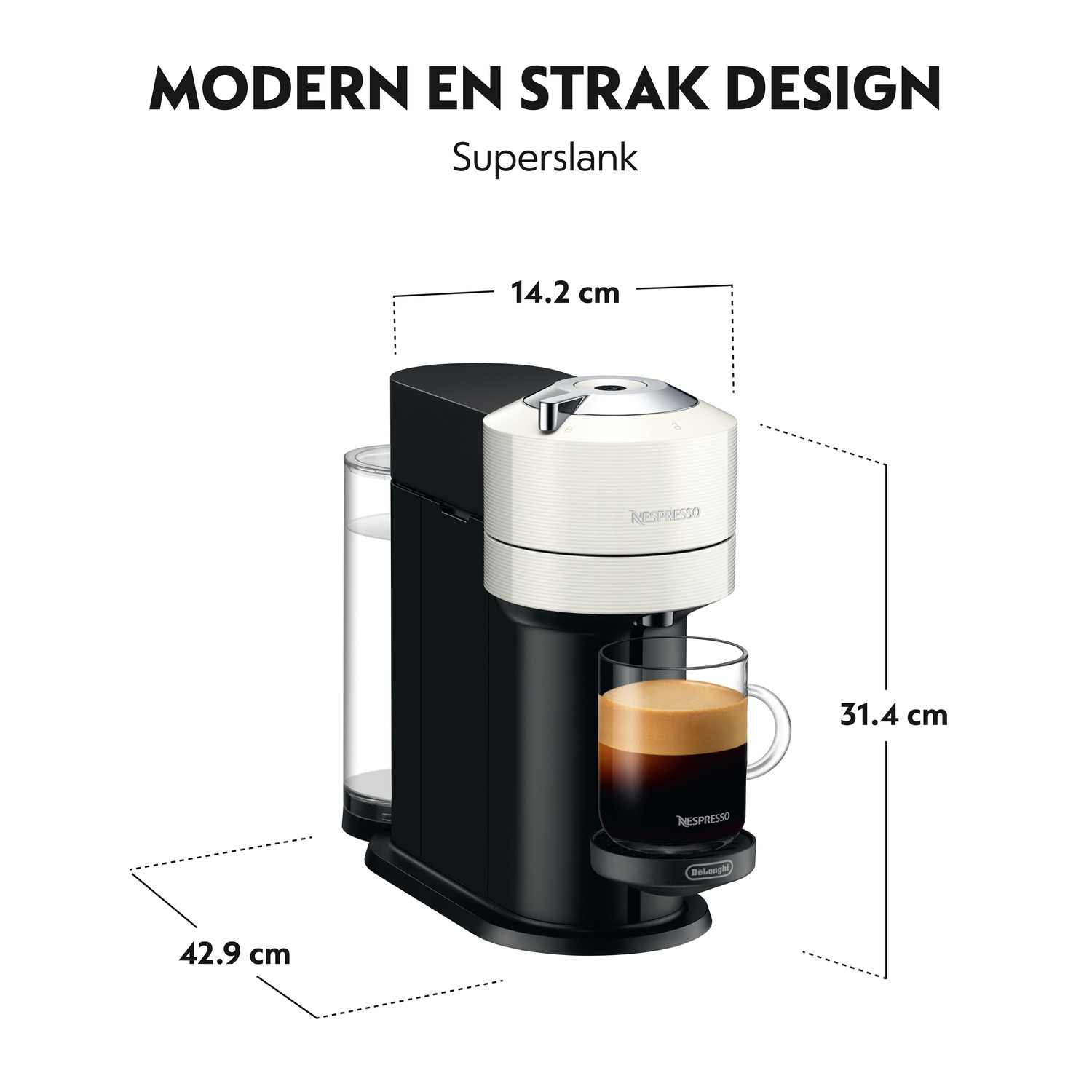 Black and white Nespresso machine with a glass of coffee next to it.