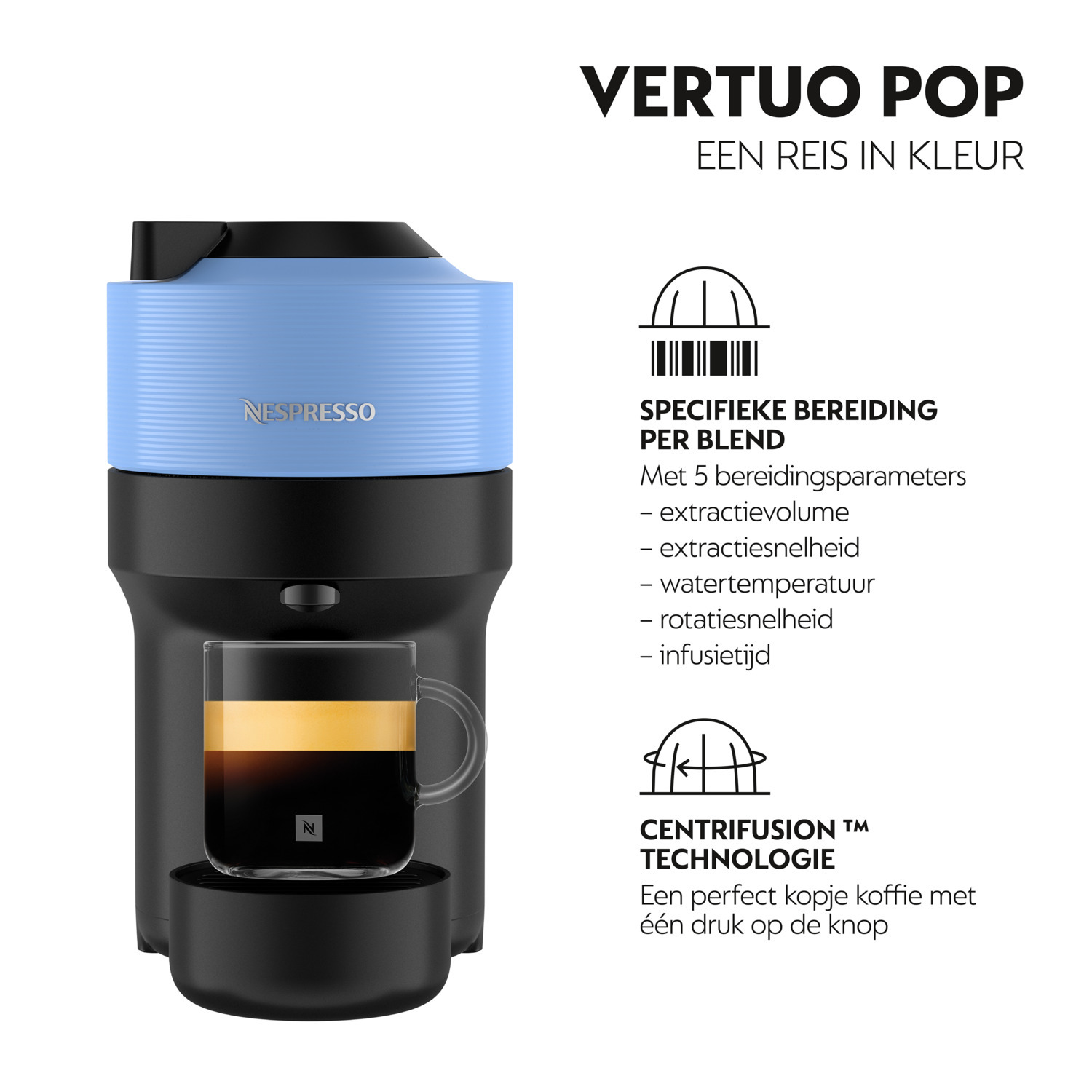 A Nespresso Vertuo Pop coffee machine in blue, with a glass cup of coffee next to it.